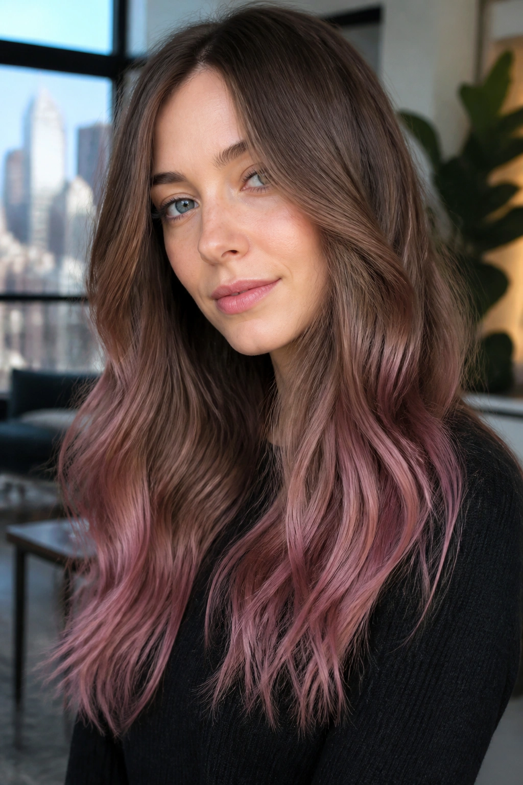 Close-up of mauve strawberry ends on a real woman with wavy hair