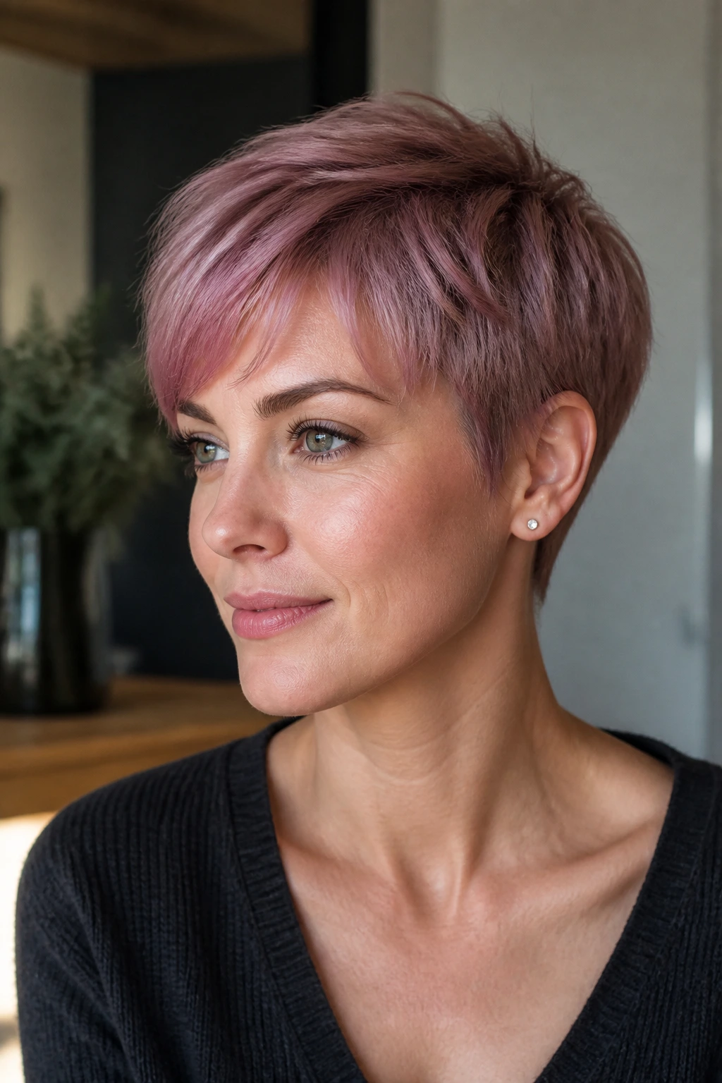 Close-up portrait of a real person with mauve strawberry pixie cut and crisp lines.