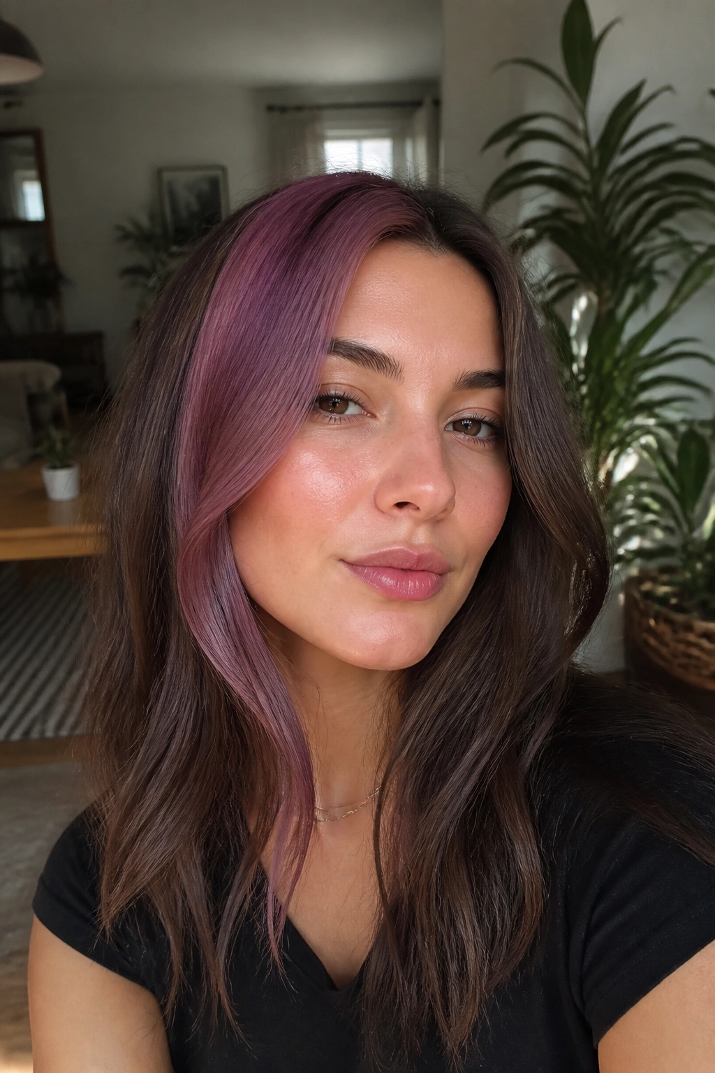 Close-up portrait of a real woman with a mauve stripe on brown hair