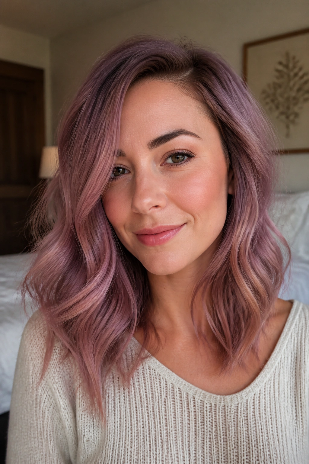 Close-up portrait of a real woman showing mauve textured midi haircut with off-center part and loose waves