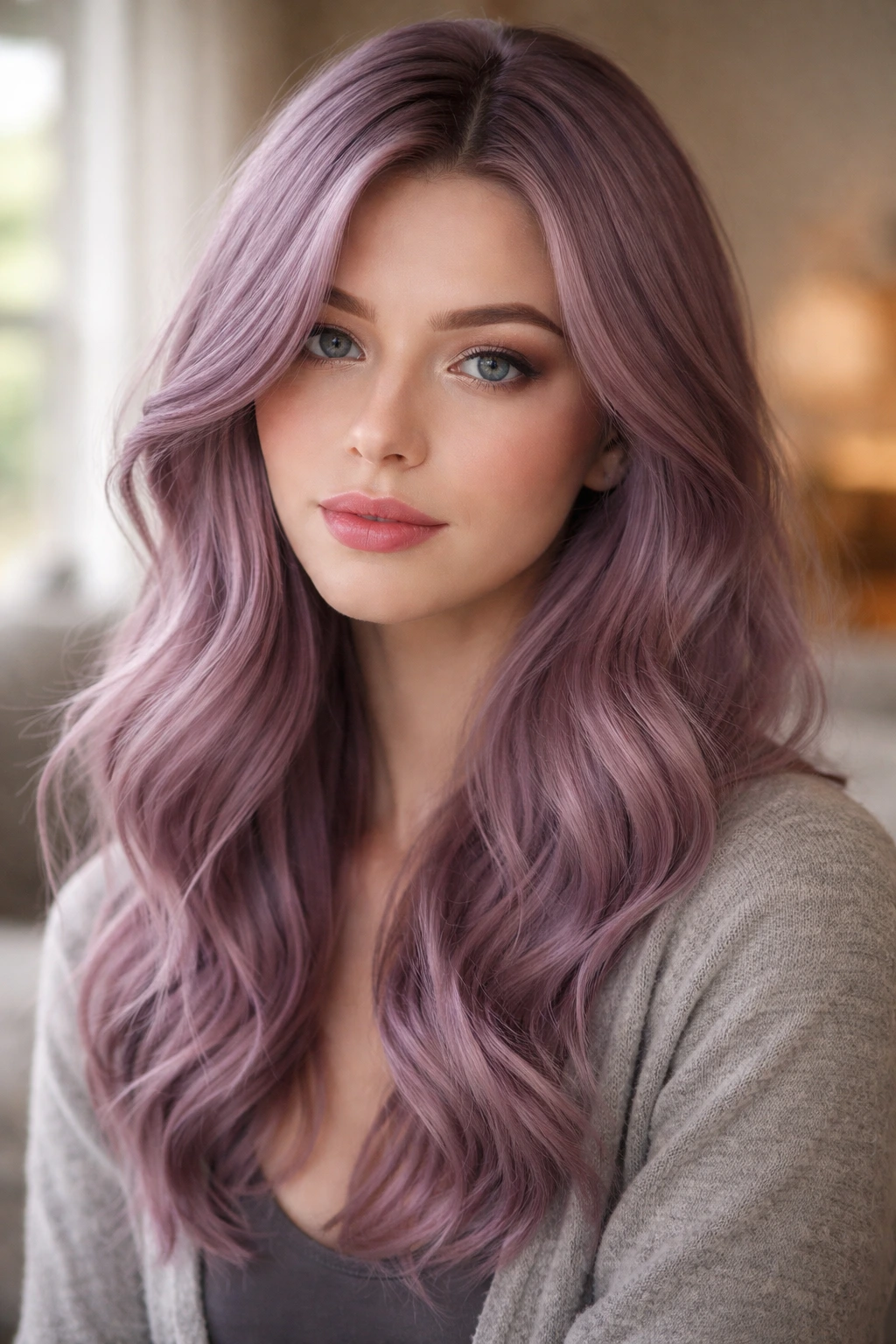 Close-up of mauve-tinted lavender hair on a real person