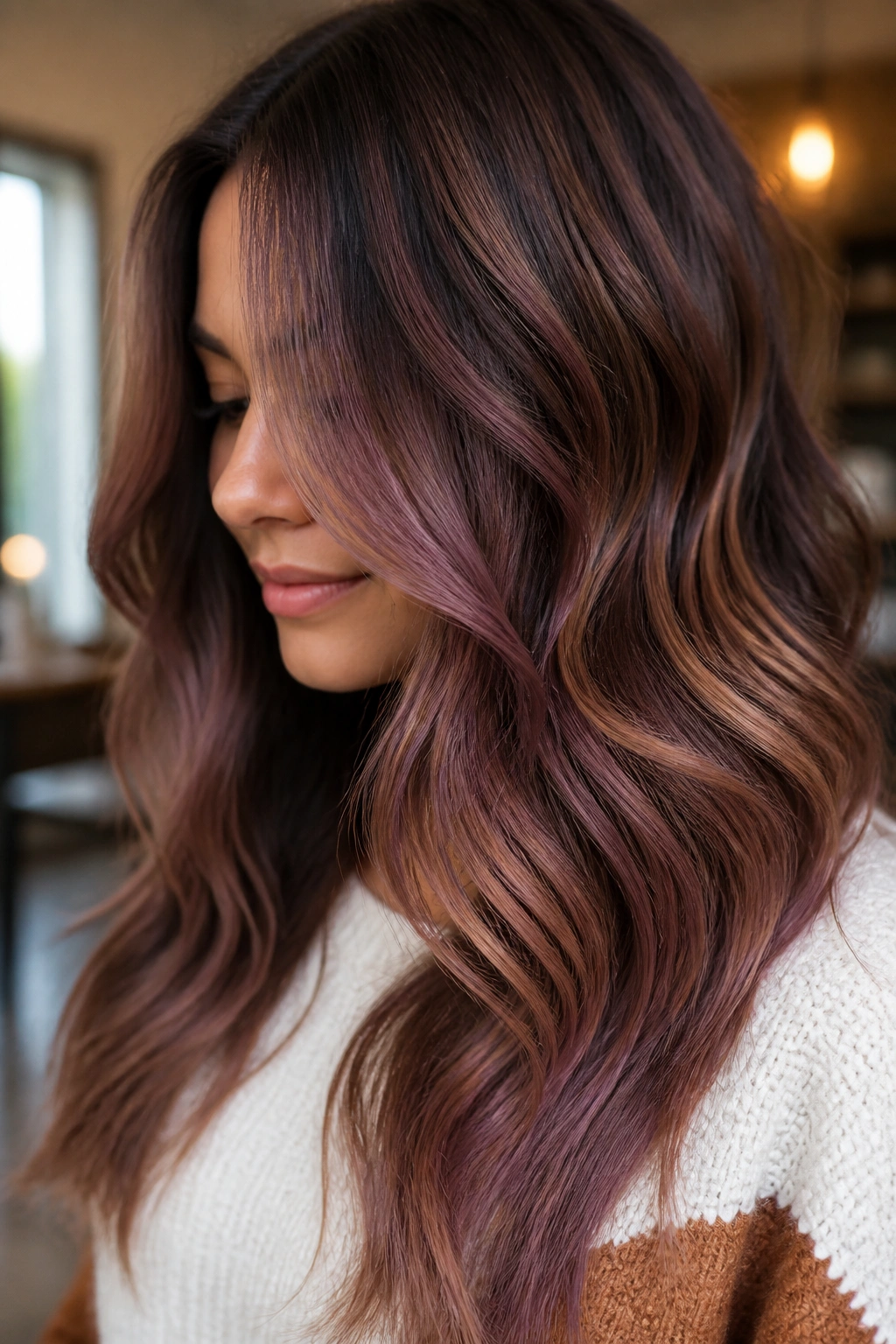 Close-up of mauve toffee balayage on caramel brown hair