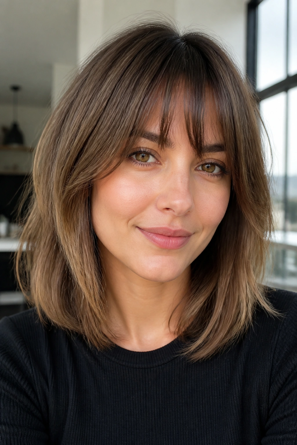 Close-up of a real woman with medium bangs blending into a long bob
