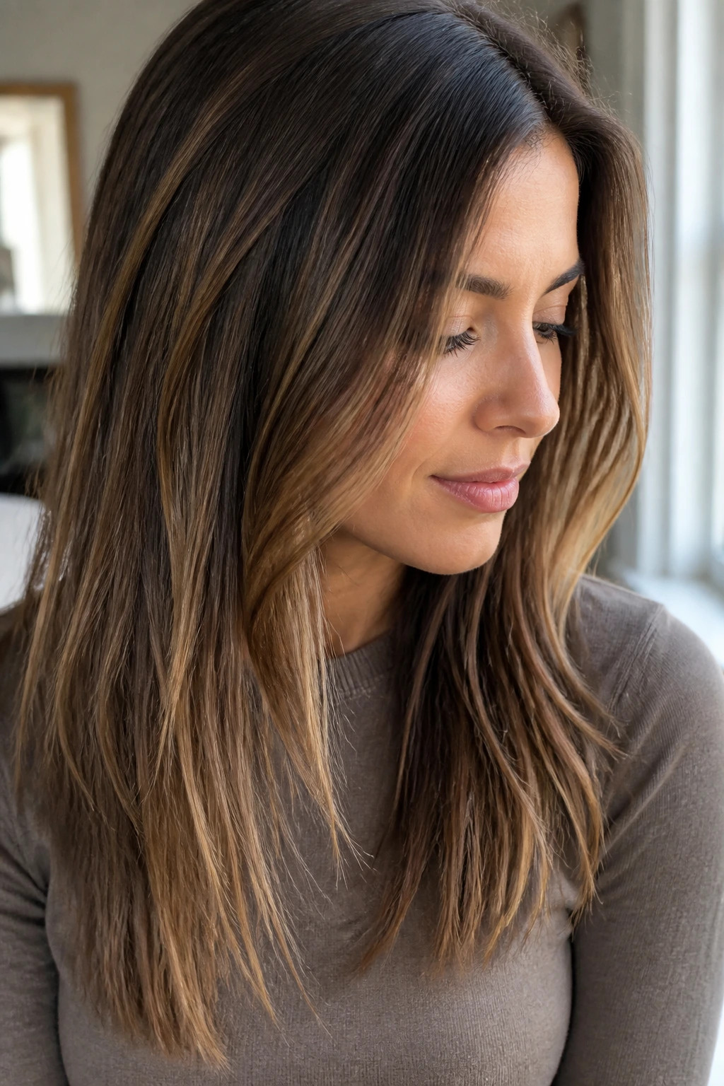 Close-up of medium brown hair with sunlit baby balayage on a real woman
