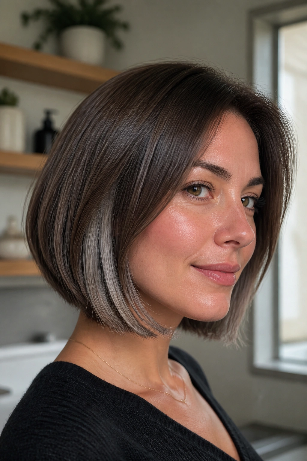 Close-up of a real woman with a medium brown bob and silver underlights peeking from beneath.