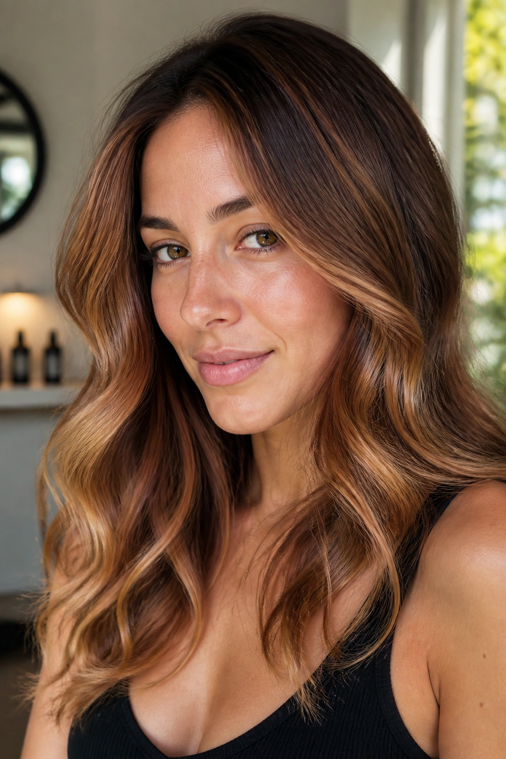 Close-up of medium brown hair with golden strawberry balayage veil on a real person