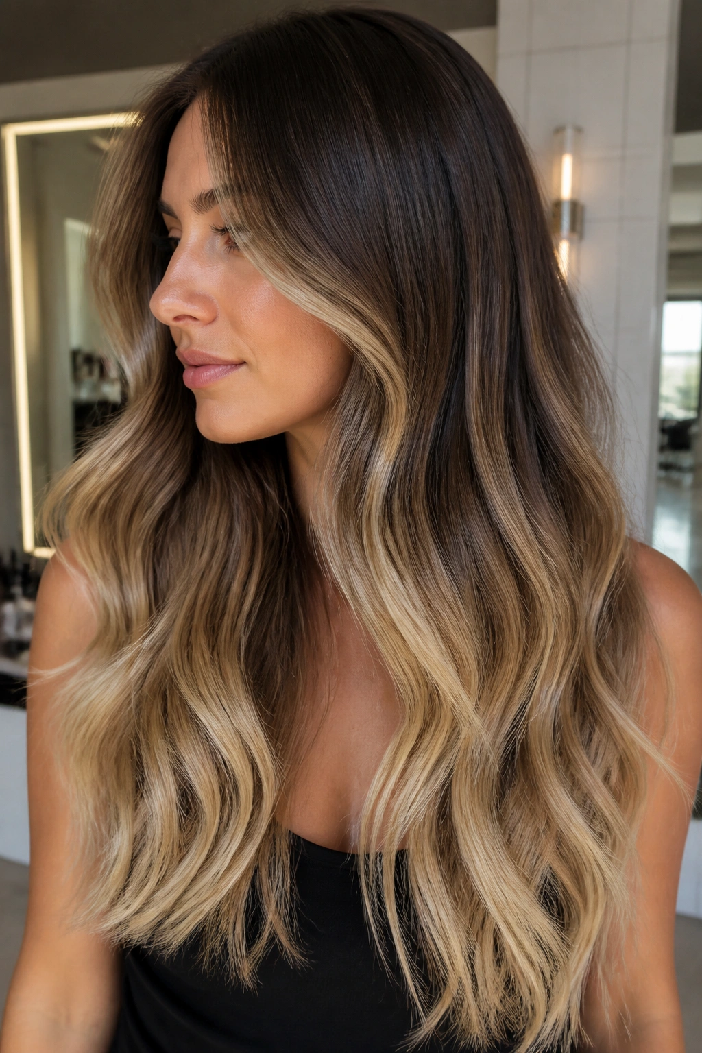 Close-up of a woman with thick hair transitioning from medium brown to vanilla beige
