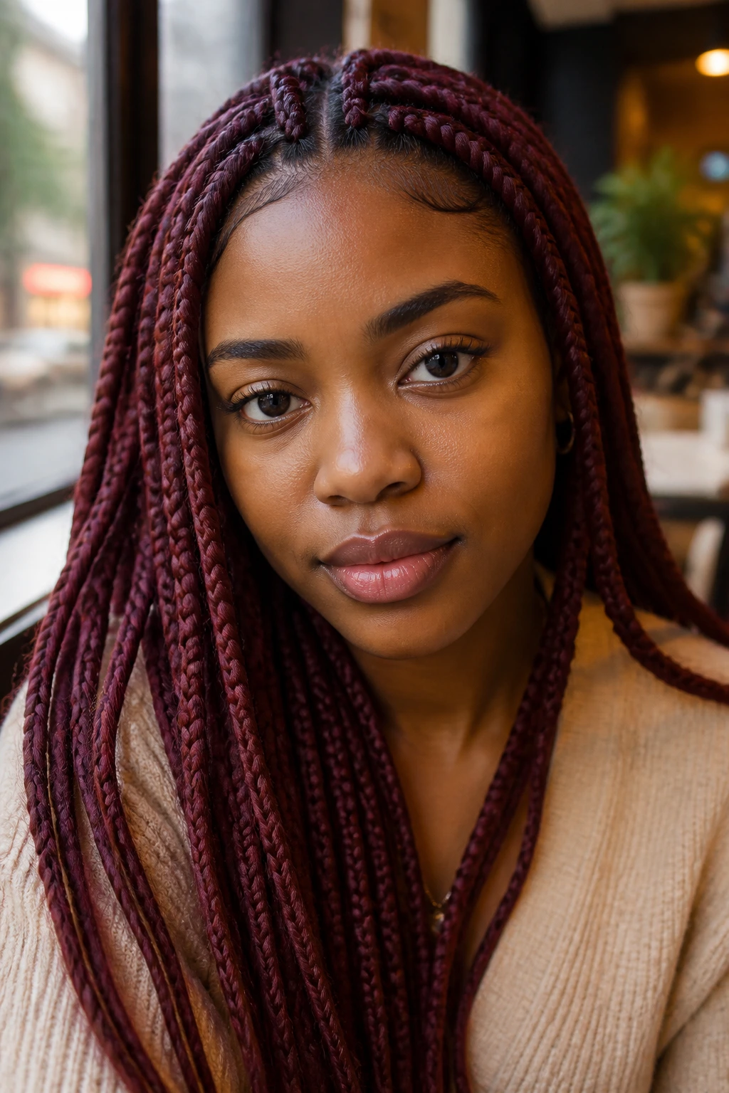 Close-up portrait of a real woman with medium burgundy box braids in a cafe setting