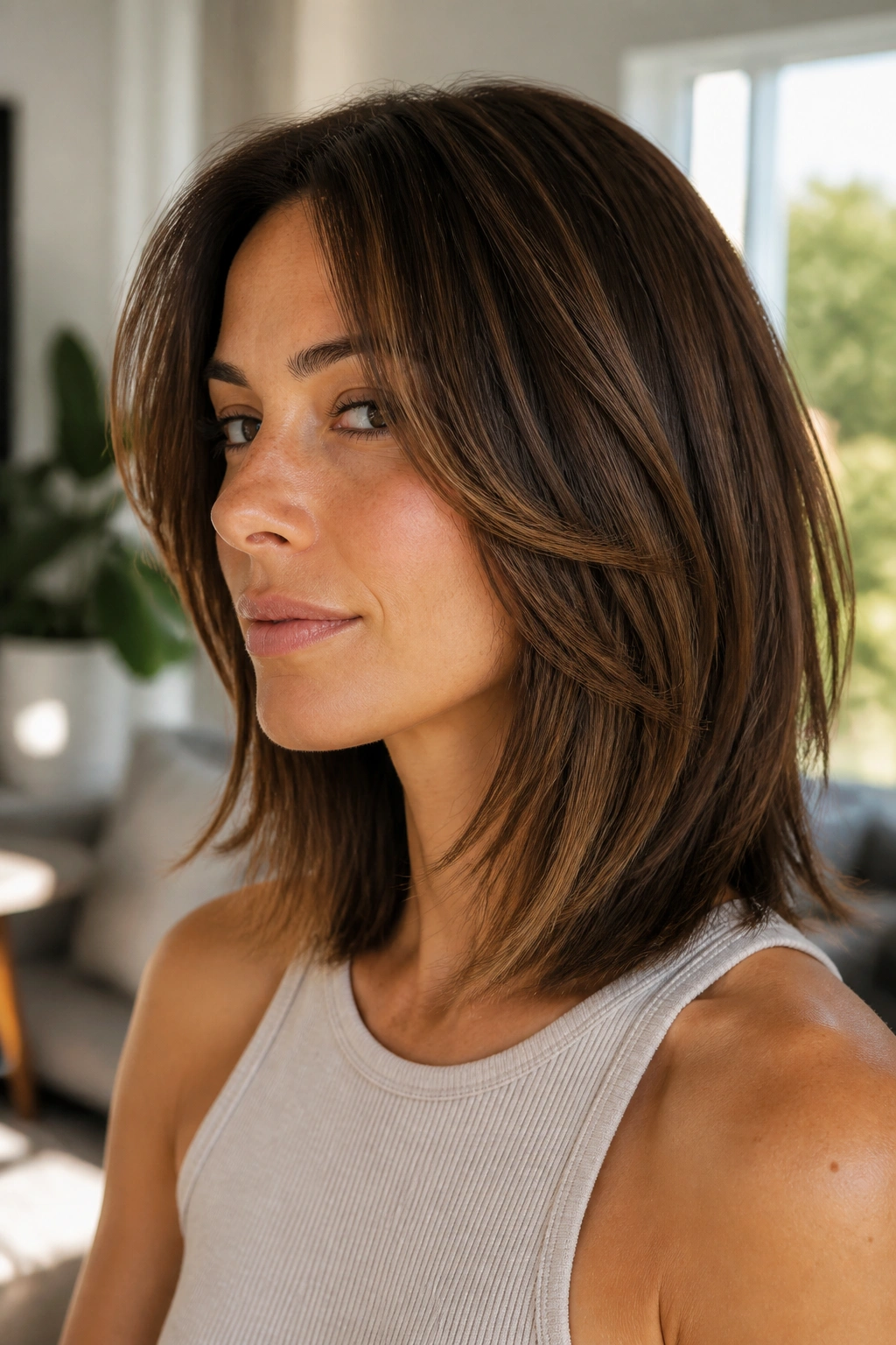 Close-up of a real woman with medium cut and strong face-framing angles.