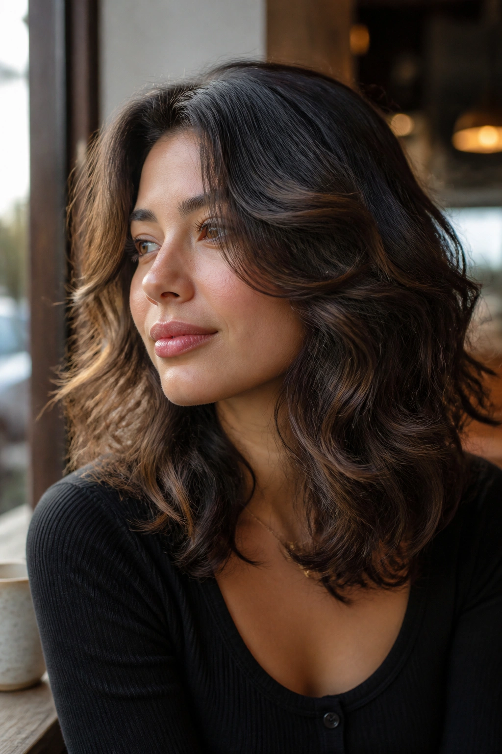 Shoulder-up portrait of a real person with shoulder-length wavy hair showing medium layers and subtle movement in daylight