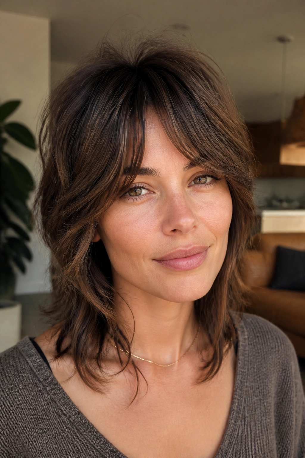 Close-up of a real woman with a medium shag and bottleneck bangs in warm lighting