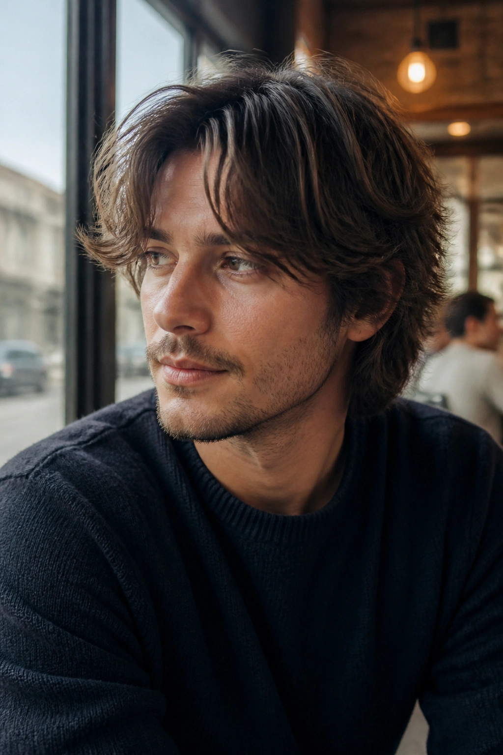 Portrait of a man with a medium shag and curtain fringe in cafe lighting