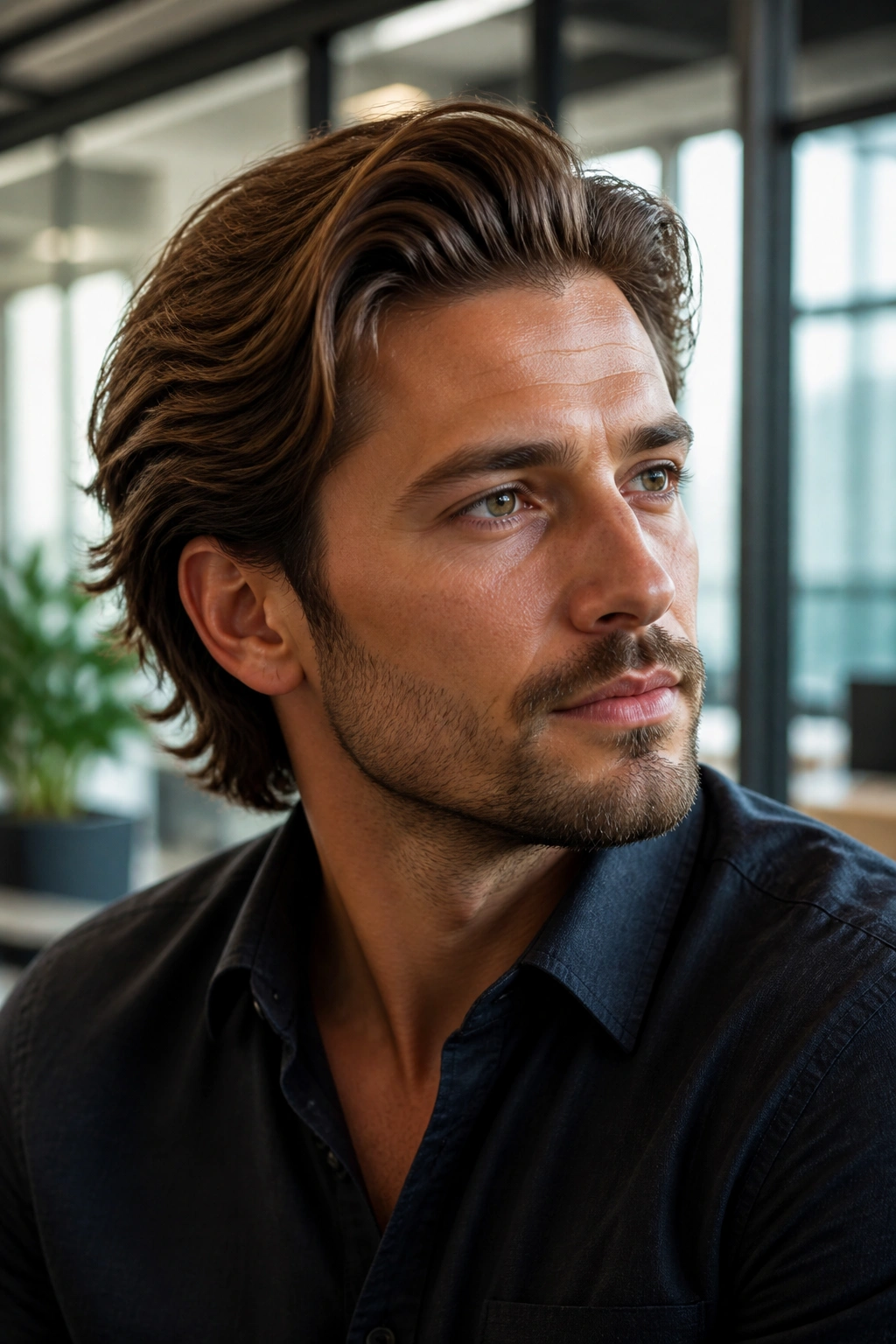 Portrait of a man with medium swept-back layered haircut.