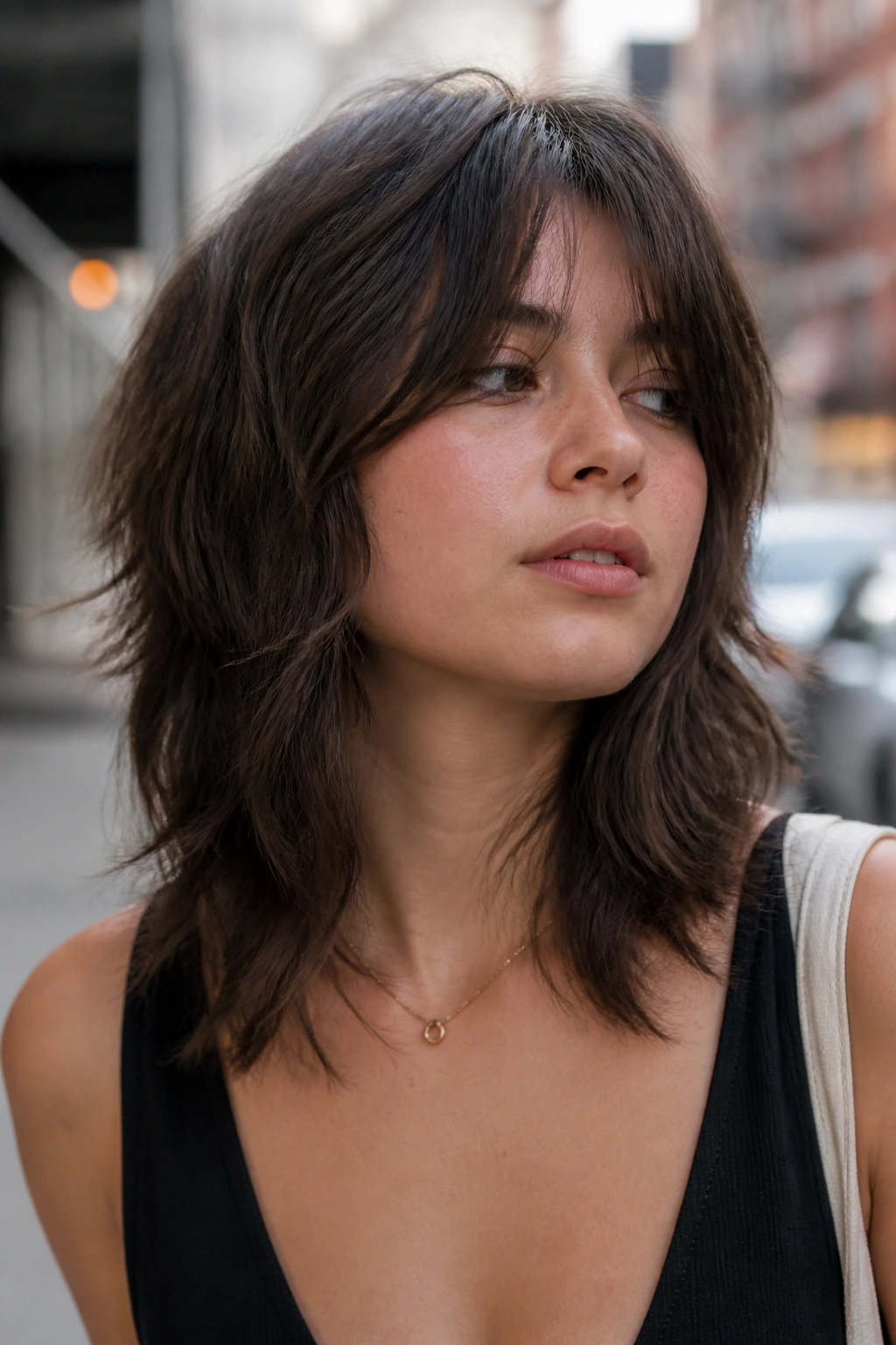 Close-up of a person with a soft-edged medium wolf cut