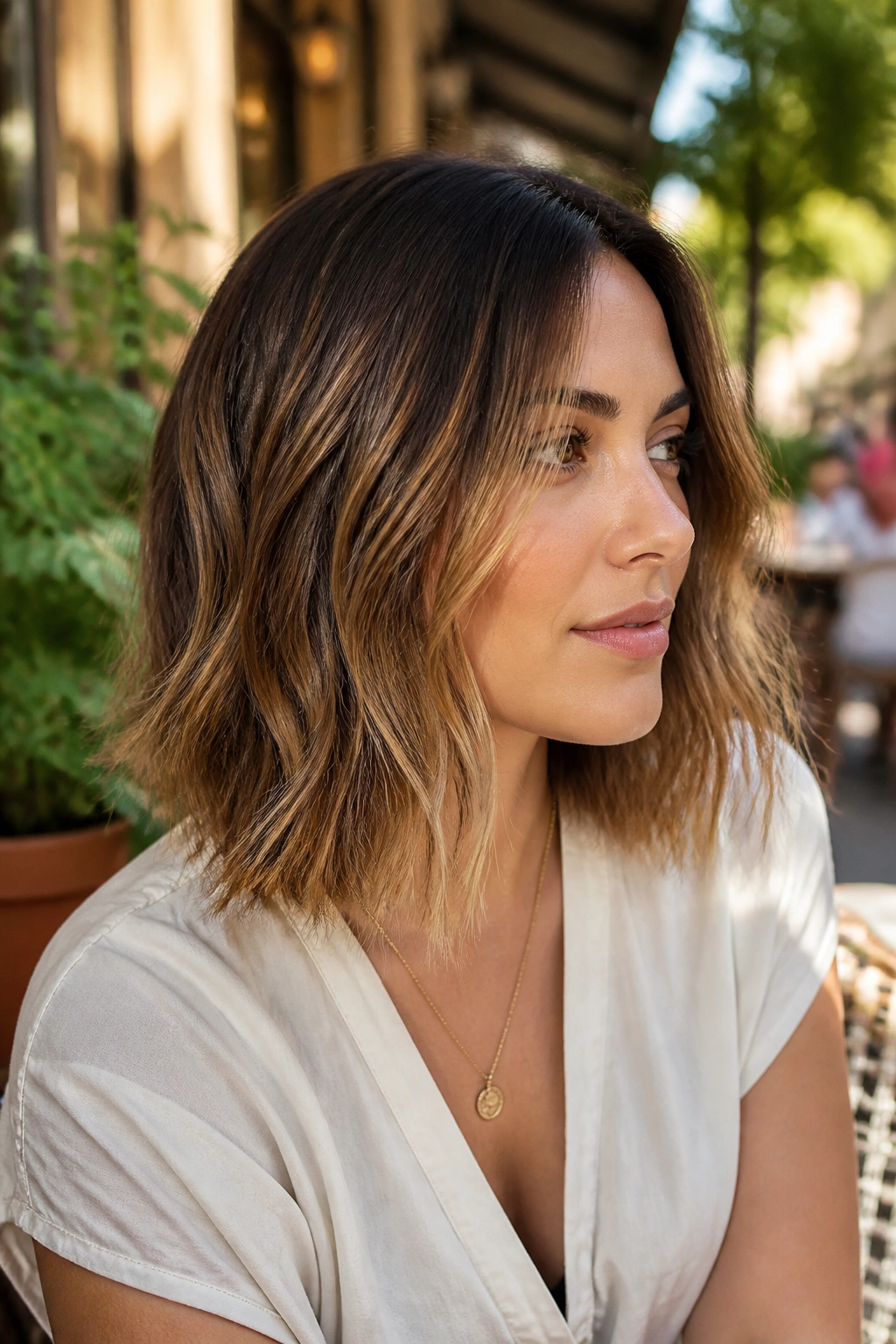 Close-up portrait of a real woman with melted caramel highlights on a shoulder-length lob