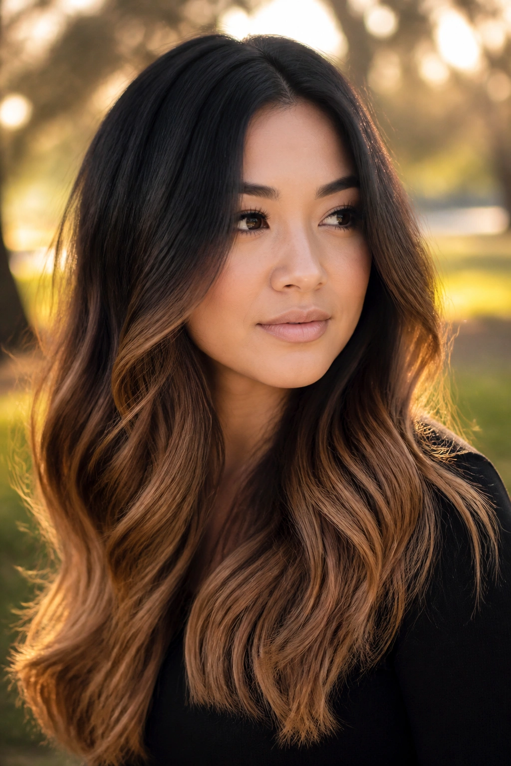 Real woman with long black hair fading to caramel in a melted ombre.