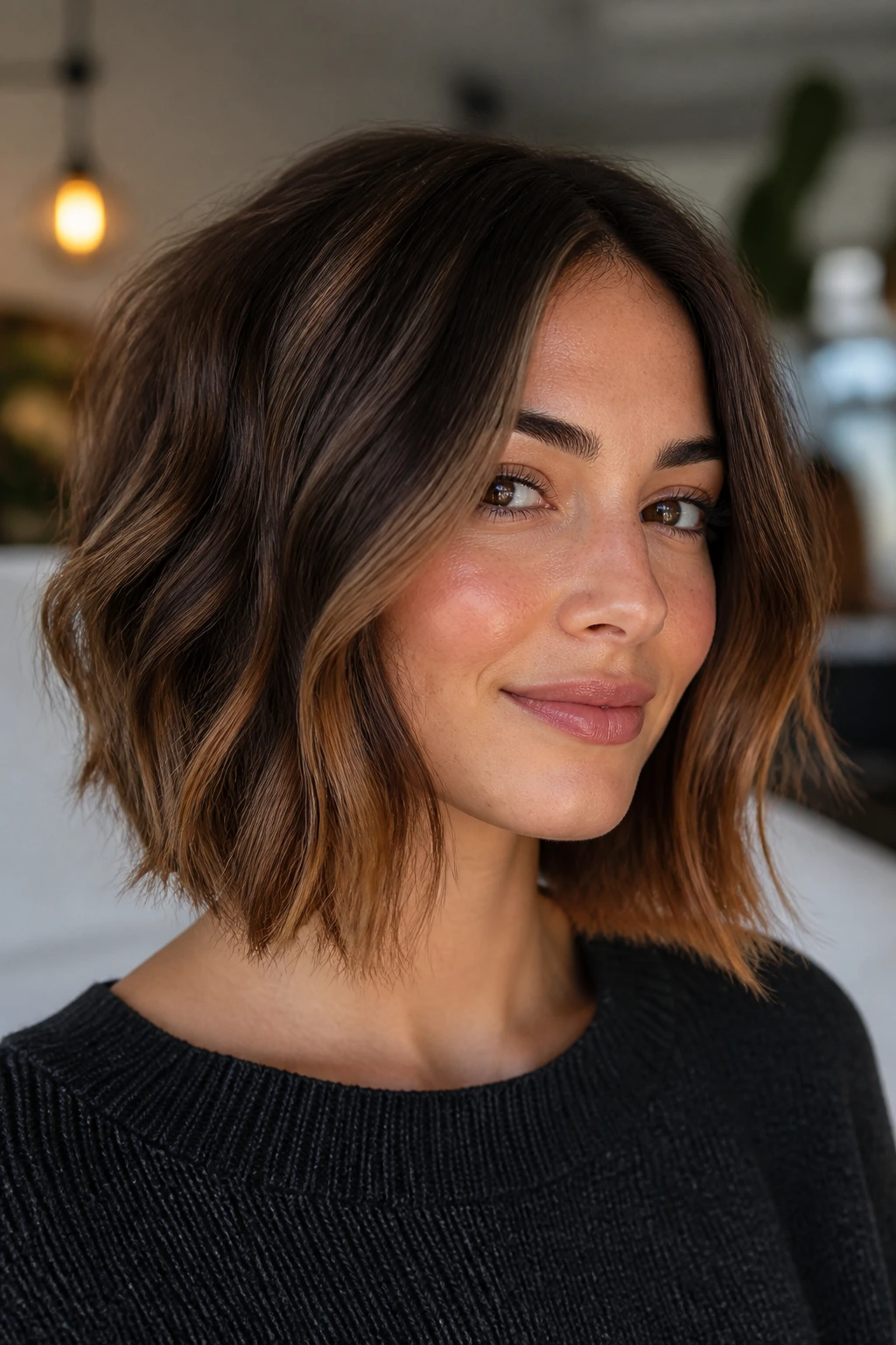 Close-up of a textured brown bob with melted caramel tips on a real person
