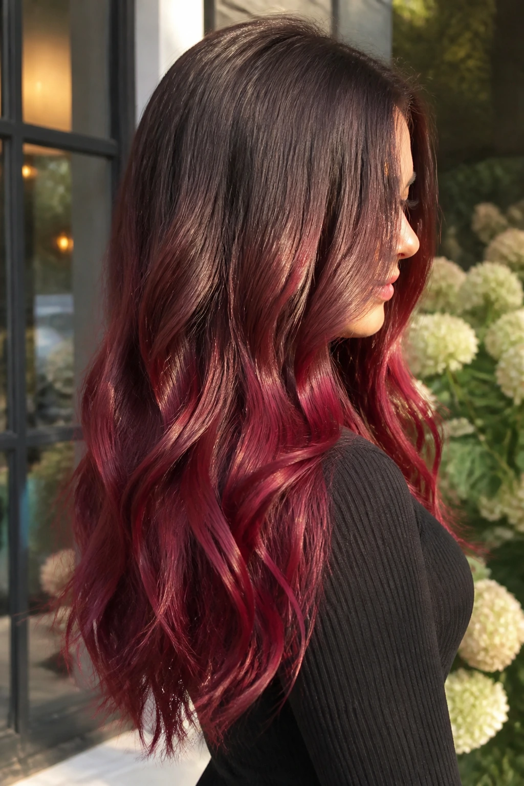 Long hair with melted cherry ombre ends on a real person