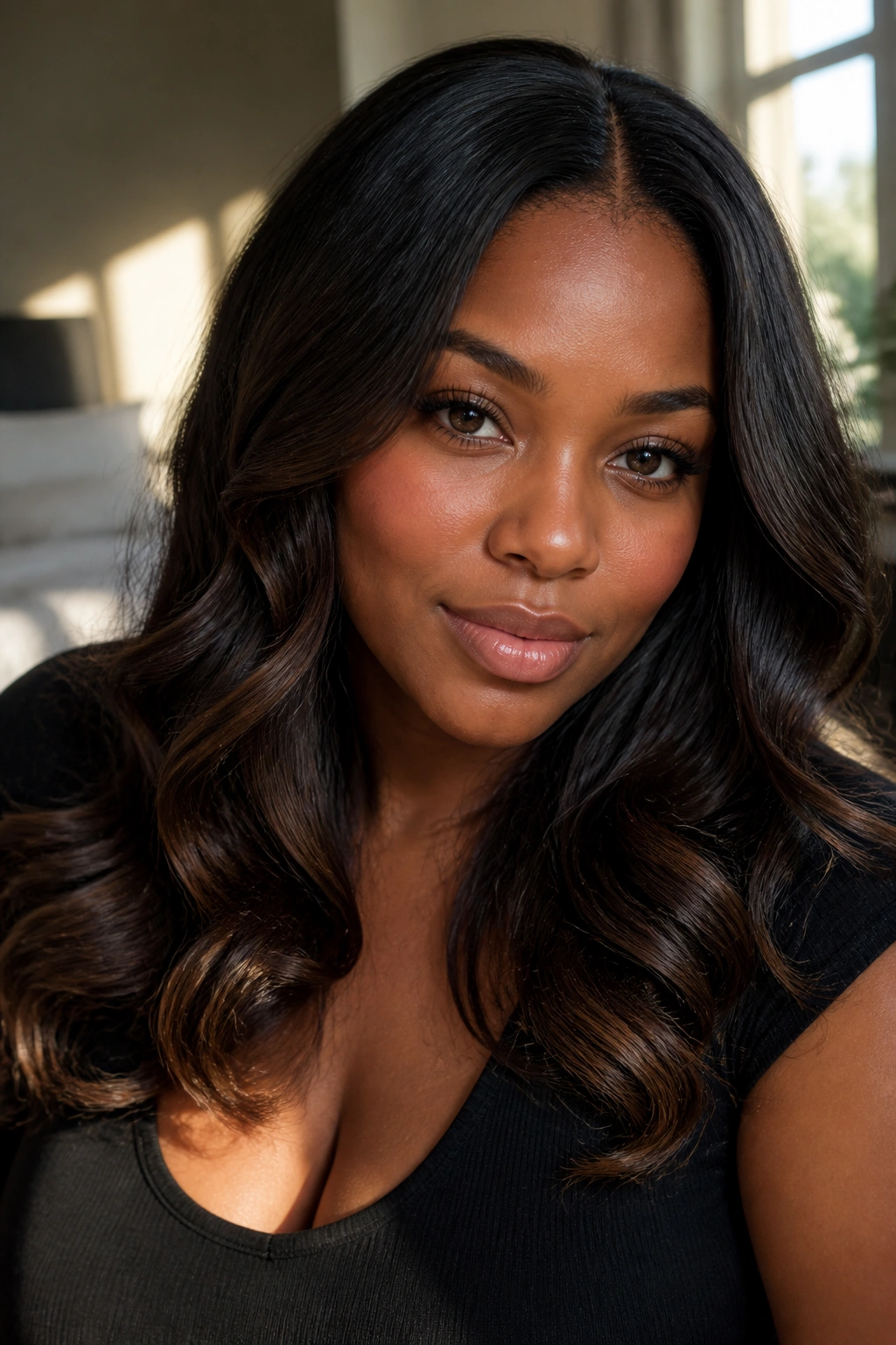 Close-up of a woman with black-brown melt and rounded curls