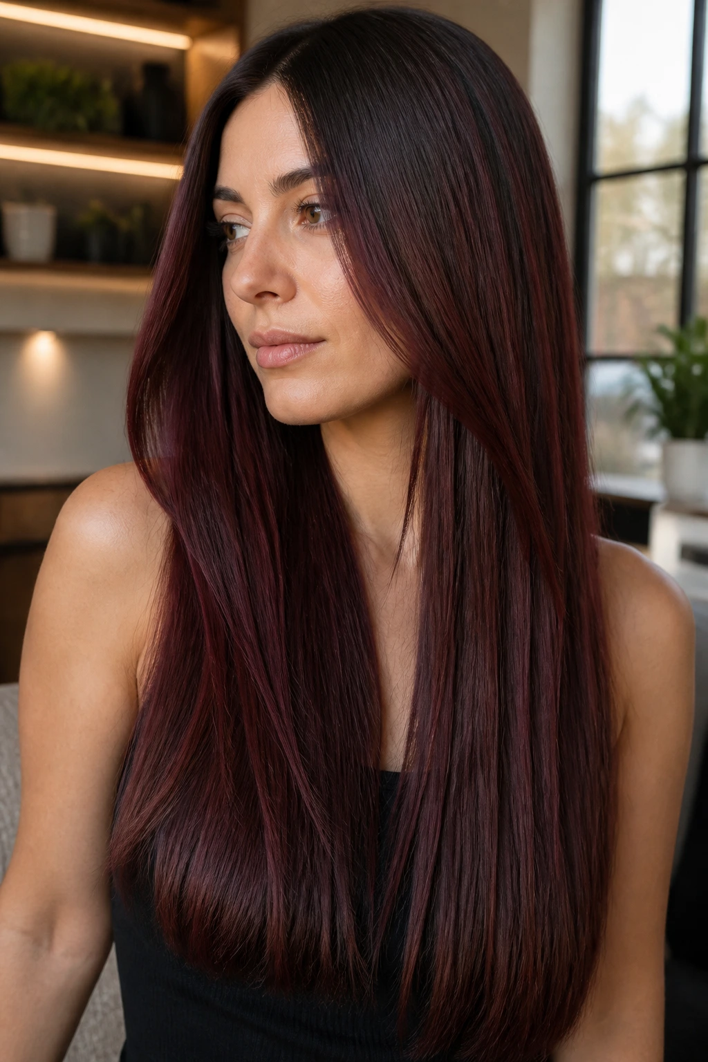 Close-up of a real woman with cool brown base and merlot balayage