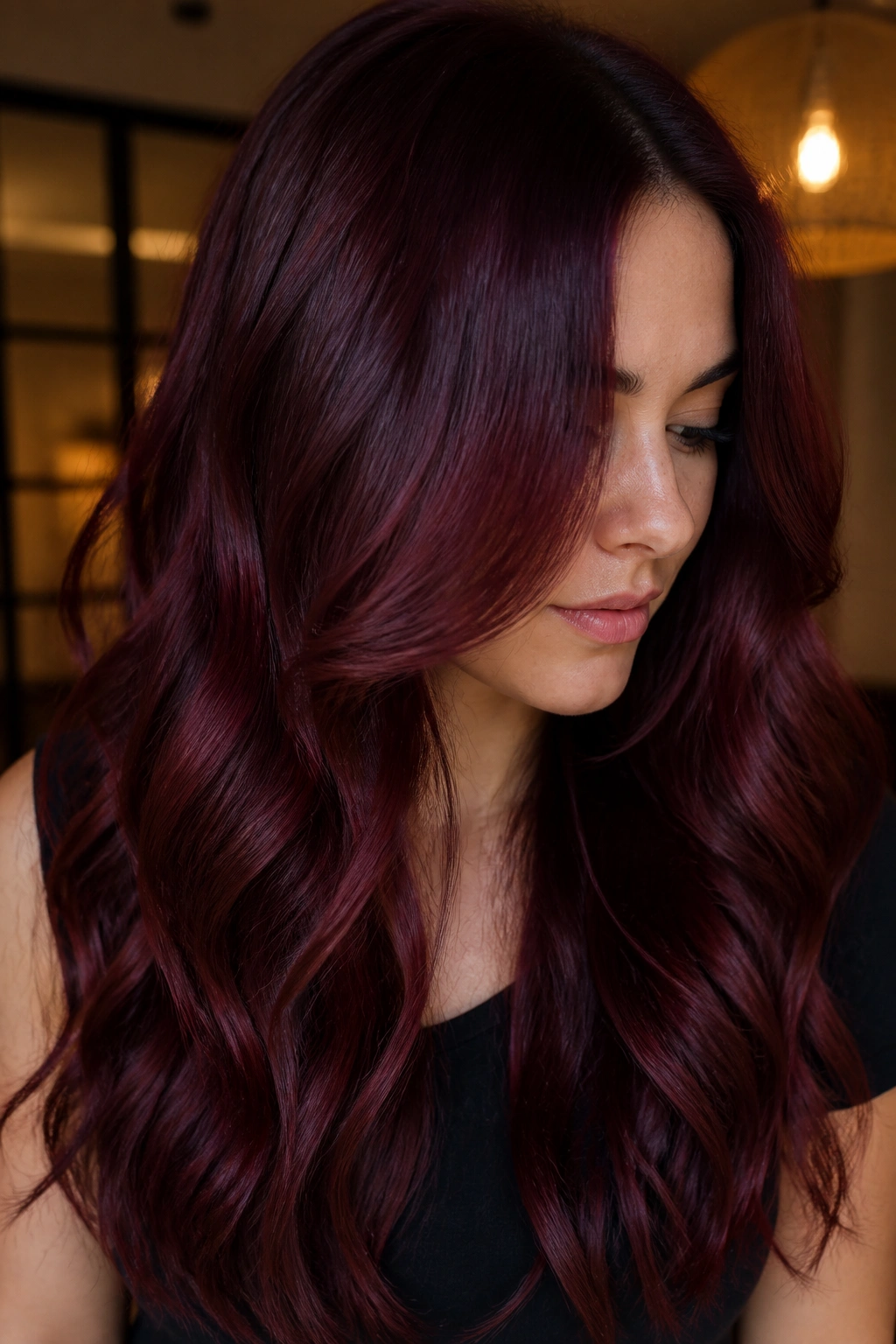 Close-up of long hair in merlot auburn gradient with deep red-violet tones