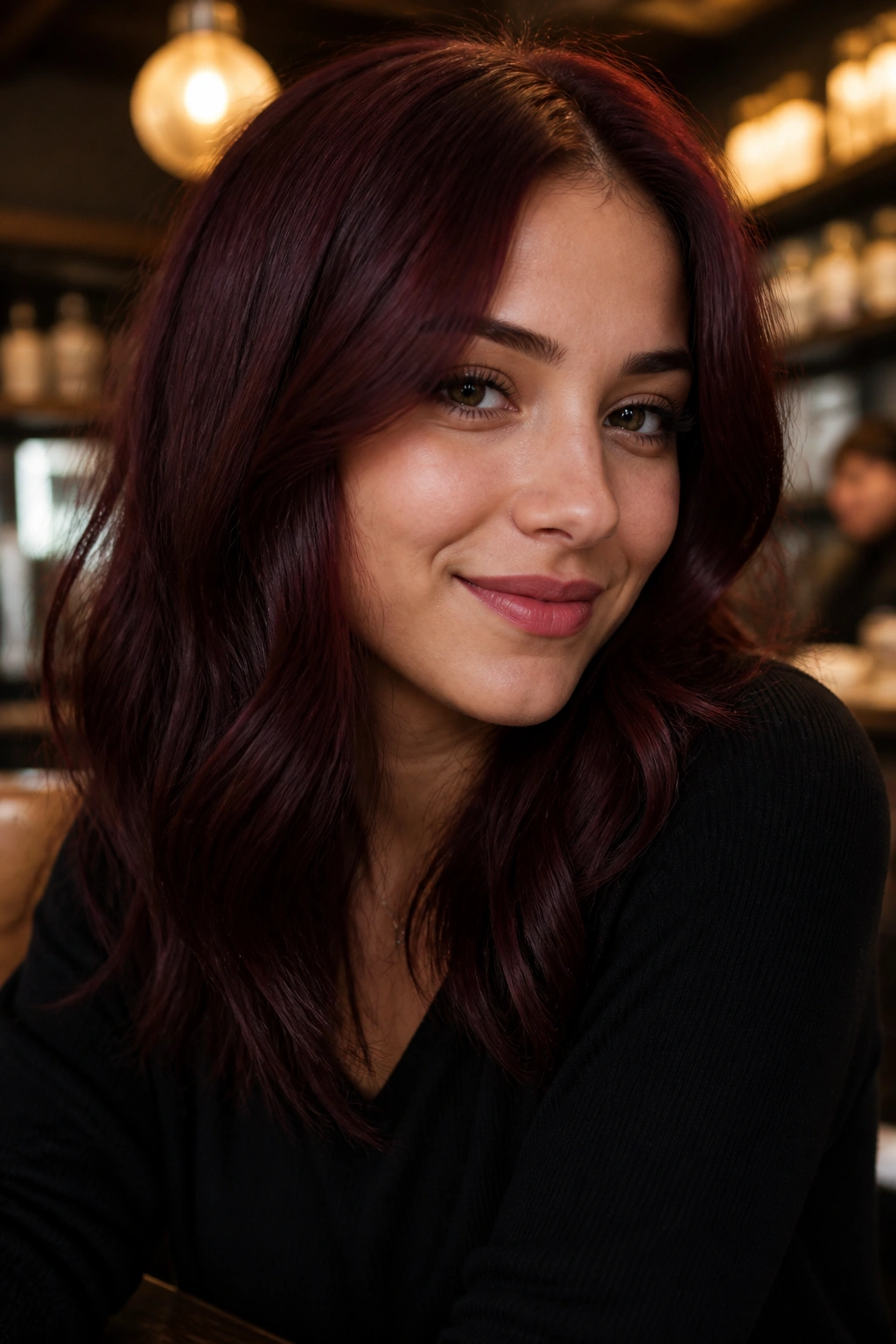 Close-up portrait of a woman with merlot auburn hair under warm cafe lighting