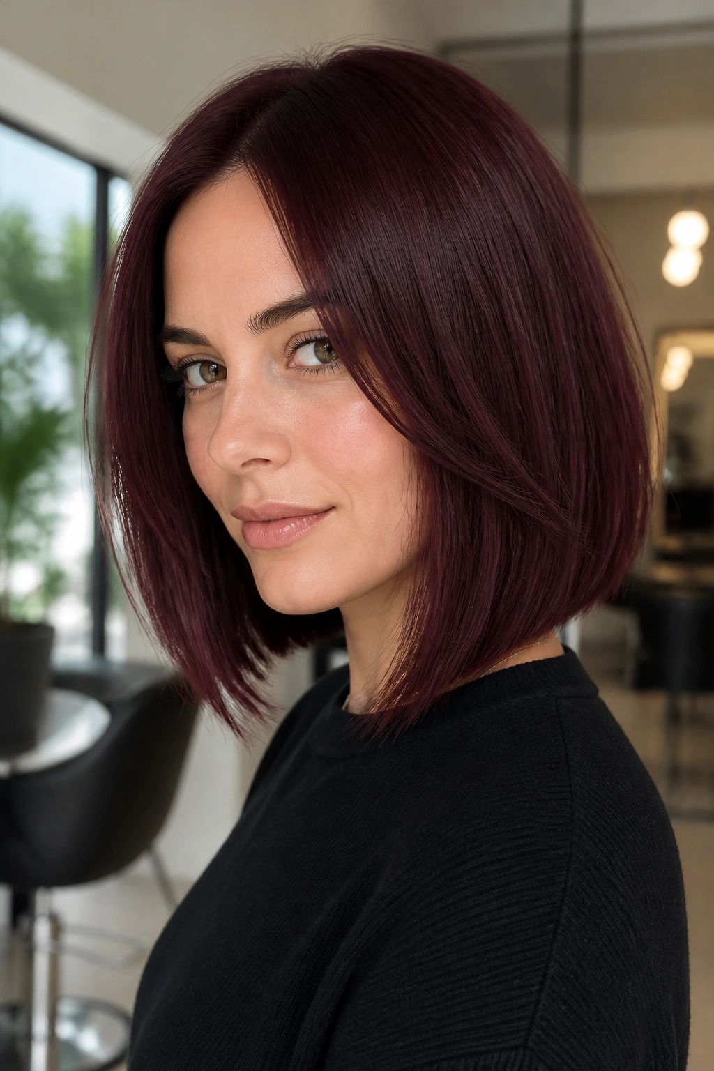 Close-up portrait of a real woman with merlot auburn on a blunt lob.