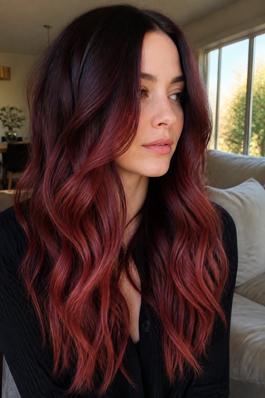 Close-up portrait of a real woman with merlot auburn ombré hair, dark roots and red ends.