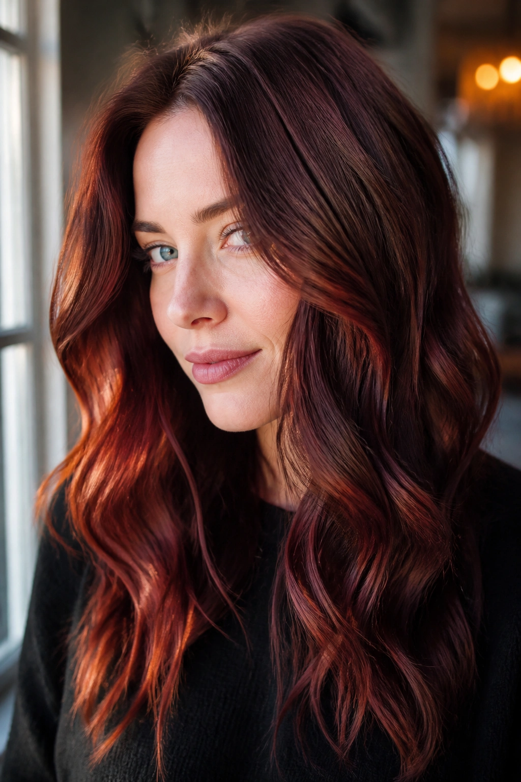 Close-up portrait of a real woman with merlot auburn waves and copper highlights