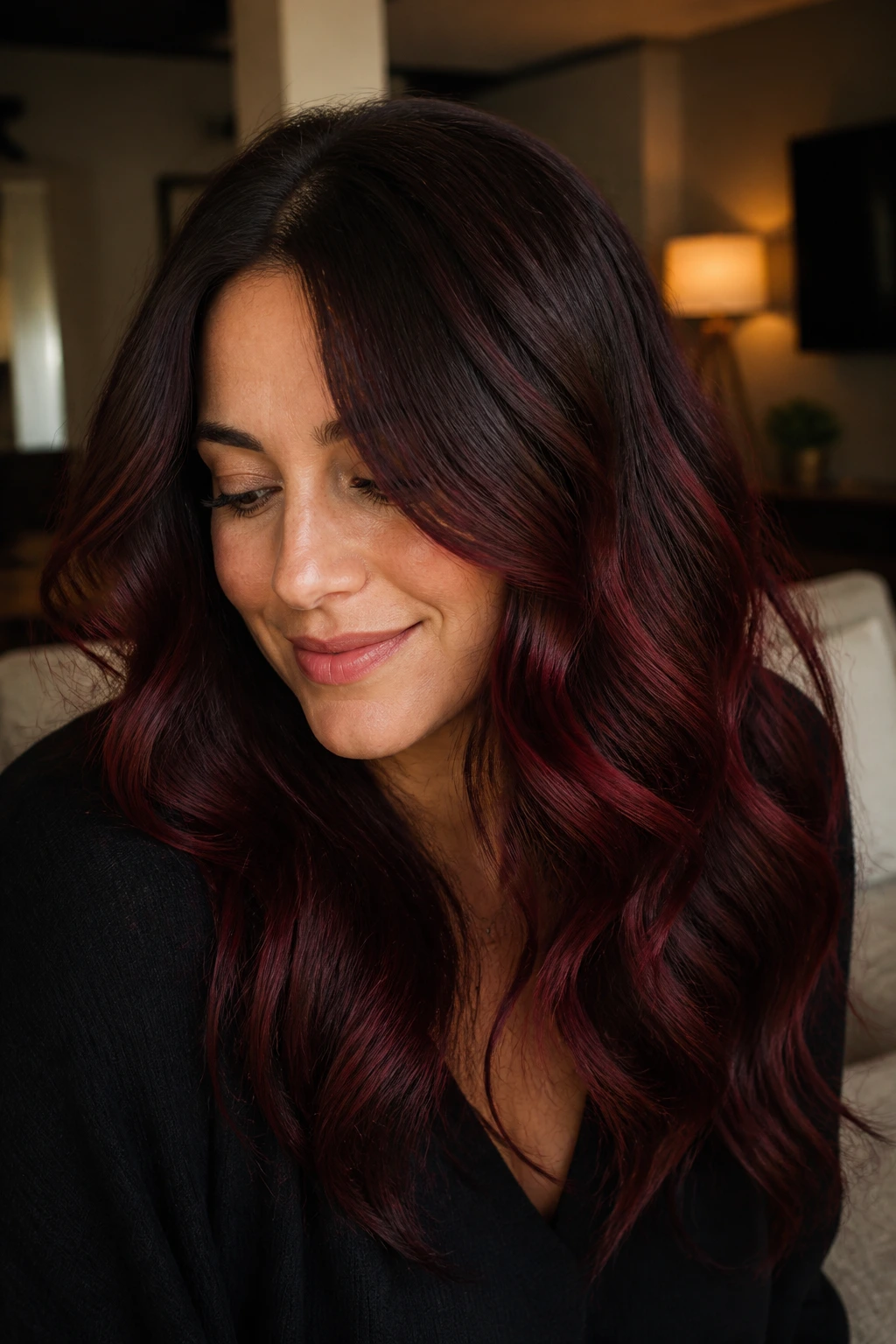Close-up of a real woman with merlot balayage in soft waves on brown hair