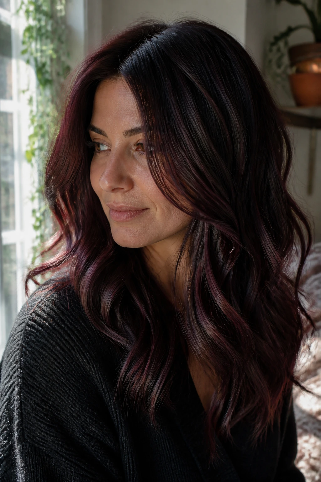 Espresso brown hair with merlot balayage showing through in a close-up.