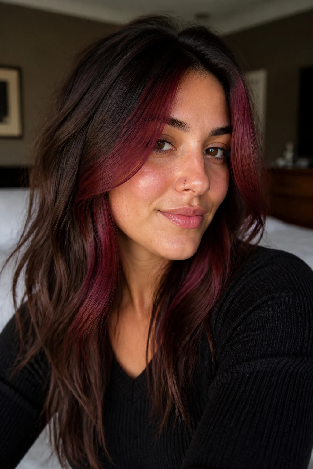 Close-up portrait of a real woman with soft merlot face-framing pieces on medium brown hair near the cheeks.