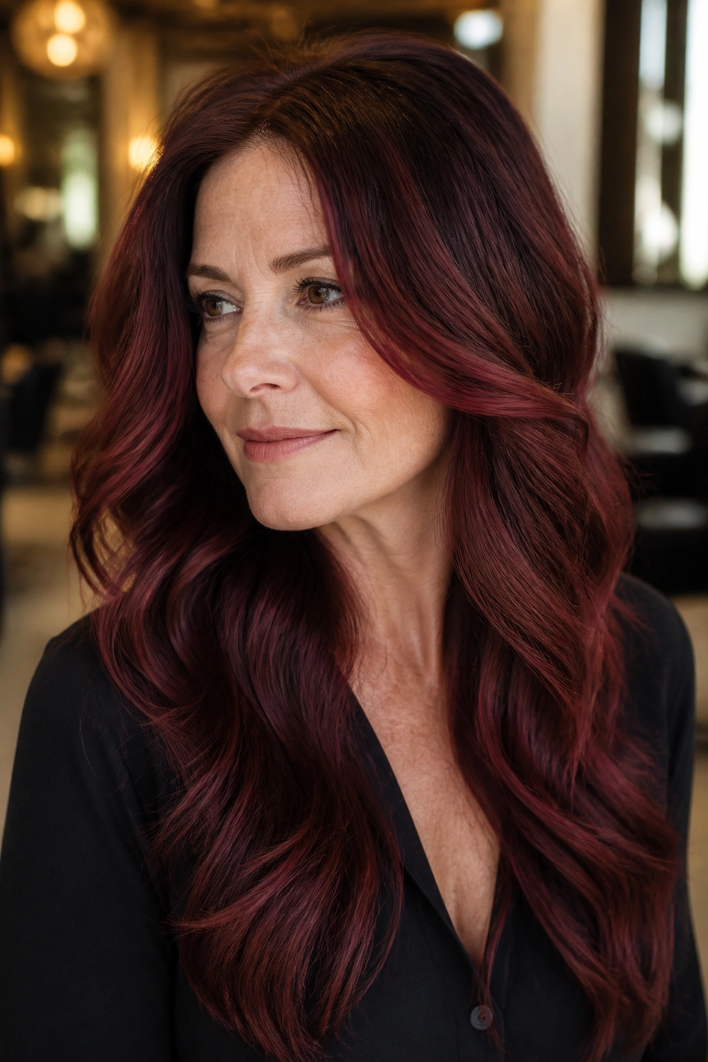 Real woman with merlot balayage highlights in a salon setting