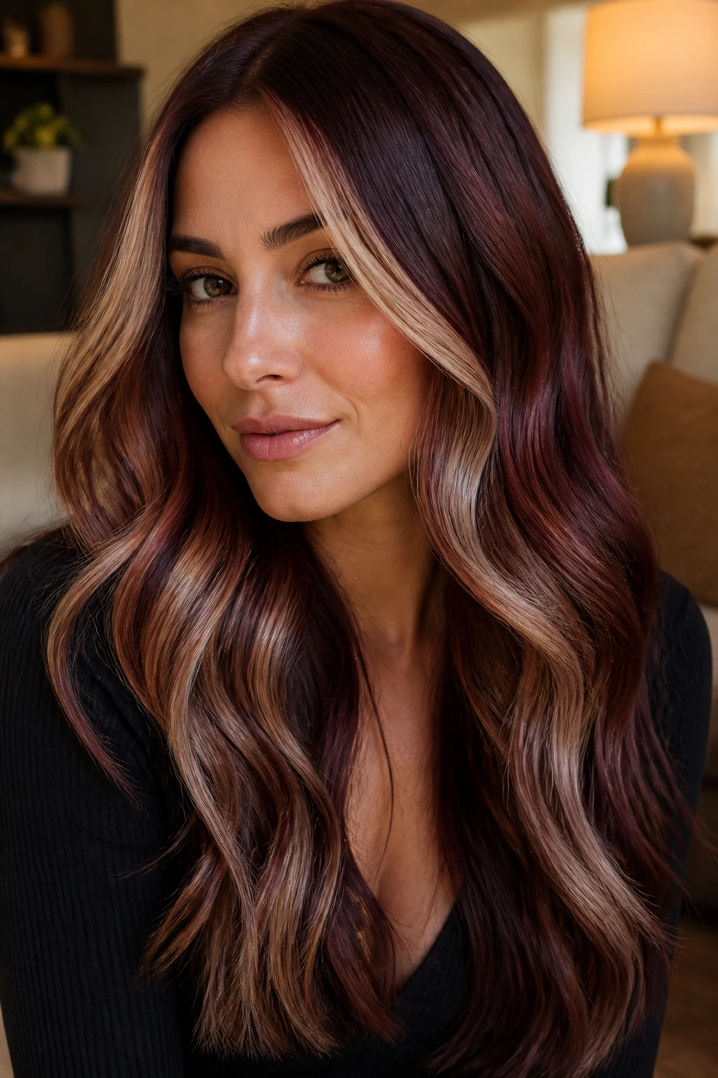 Real woman with merlot melt and sandy blonde ribbons in long hair.