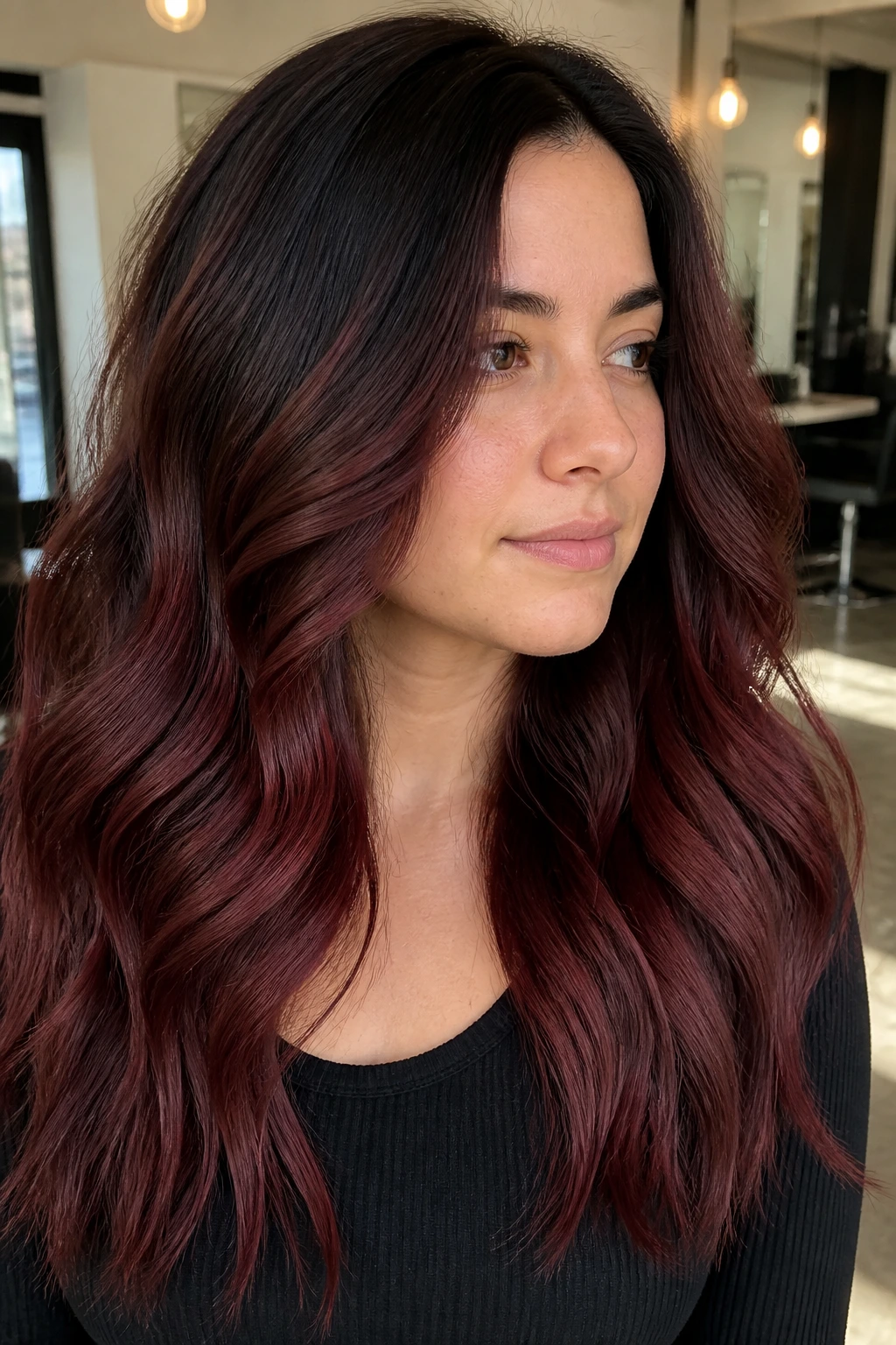 Thick brown hair with merlot balayage through mid-lengths and ends