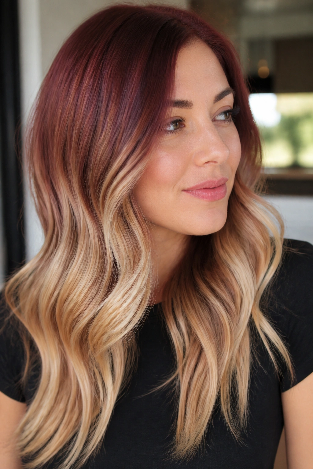 Close-up portrait of a real woman with merlot on buttery blonde hair, deep wine-red roots blending into warm blonde.