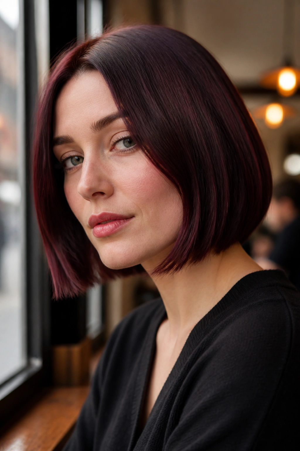 Close-up portrait of a real person with soft merlot brown bob hair.