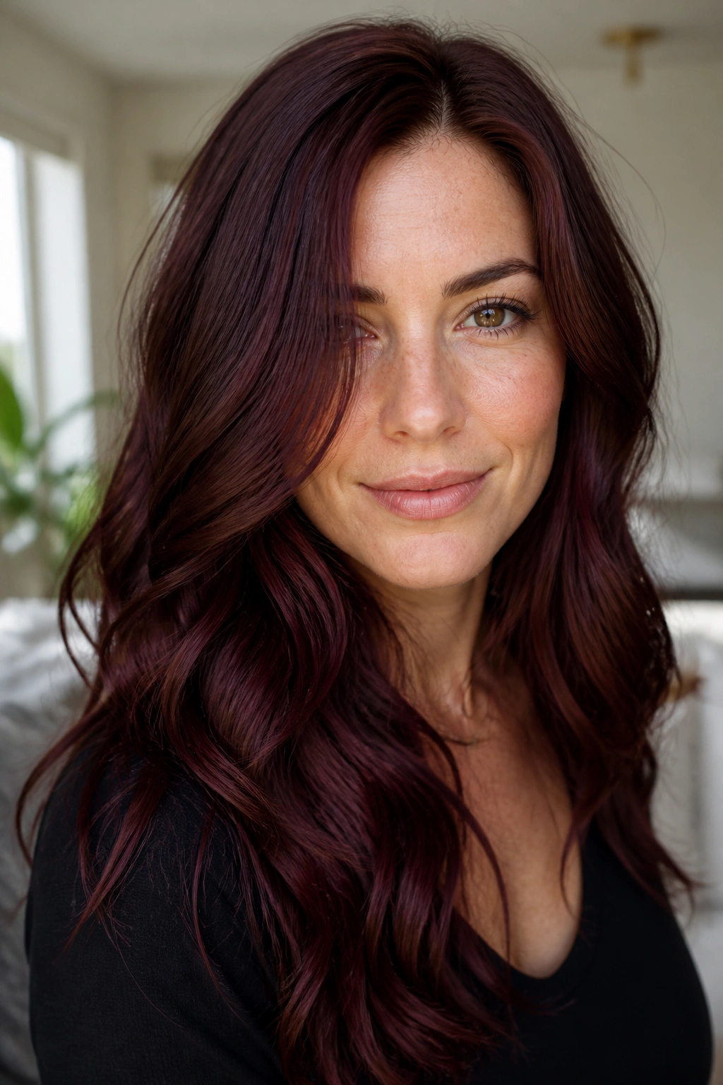 Close-up of a real woman with Merlot Brown hair in a sunlit room