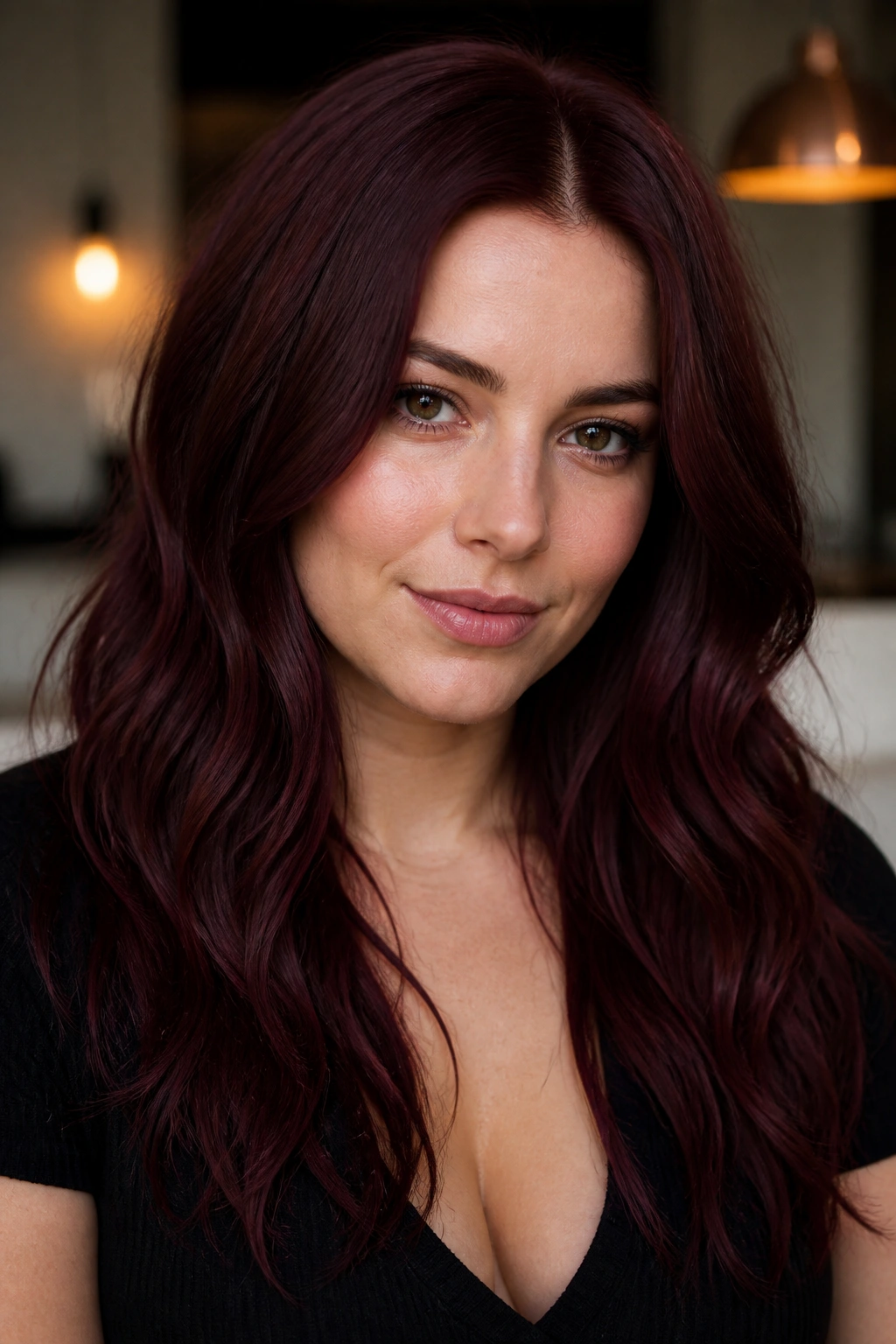 Close-up portrait of merlot brown hair on a real person.