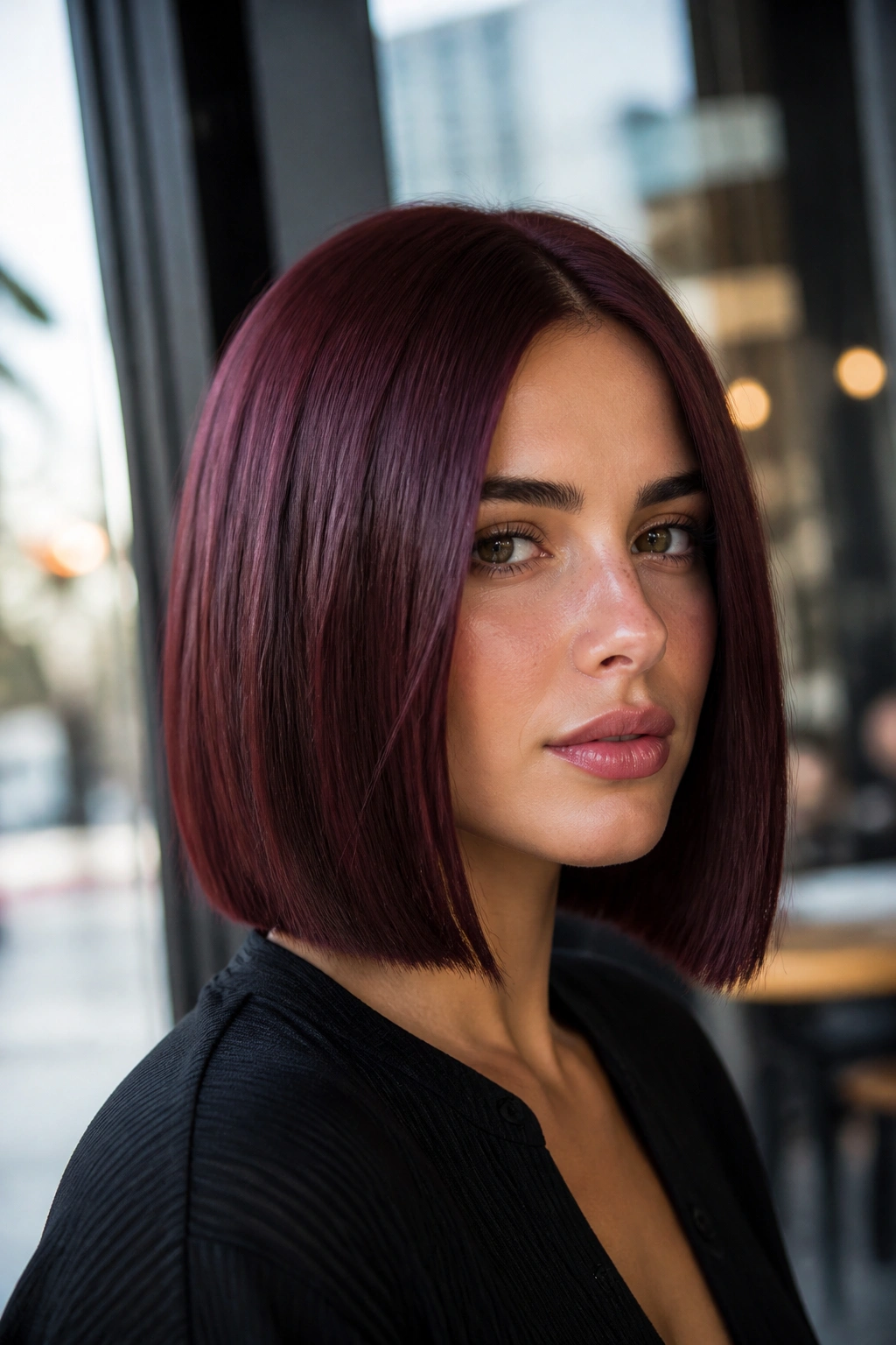 Portrait of a woman with merlot brown lob and blunt edge showing red-violet depth.