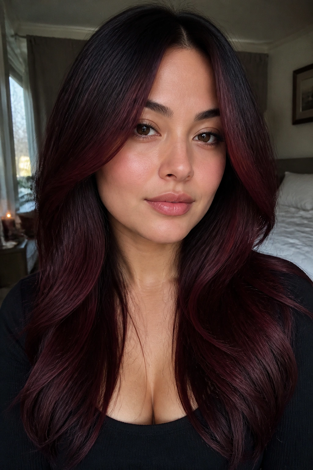 Close-up of a real woman with merlot face-framing layers and a center part