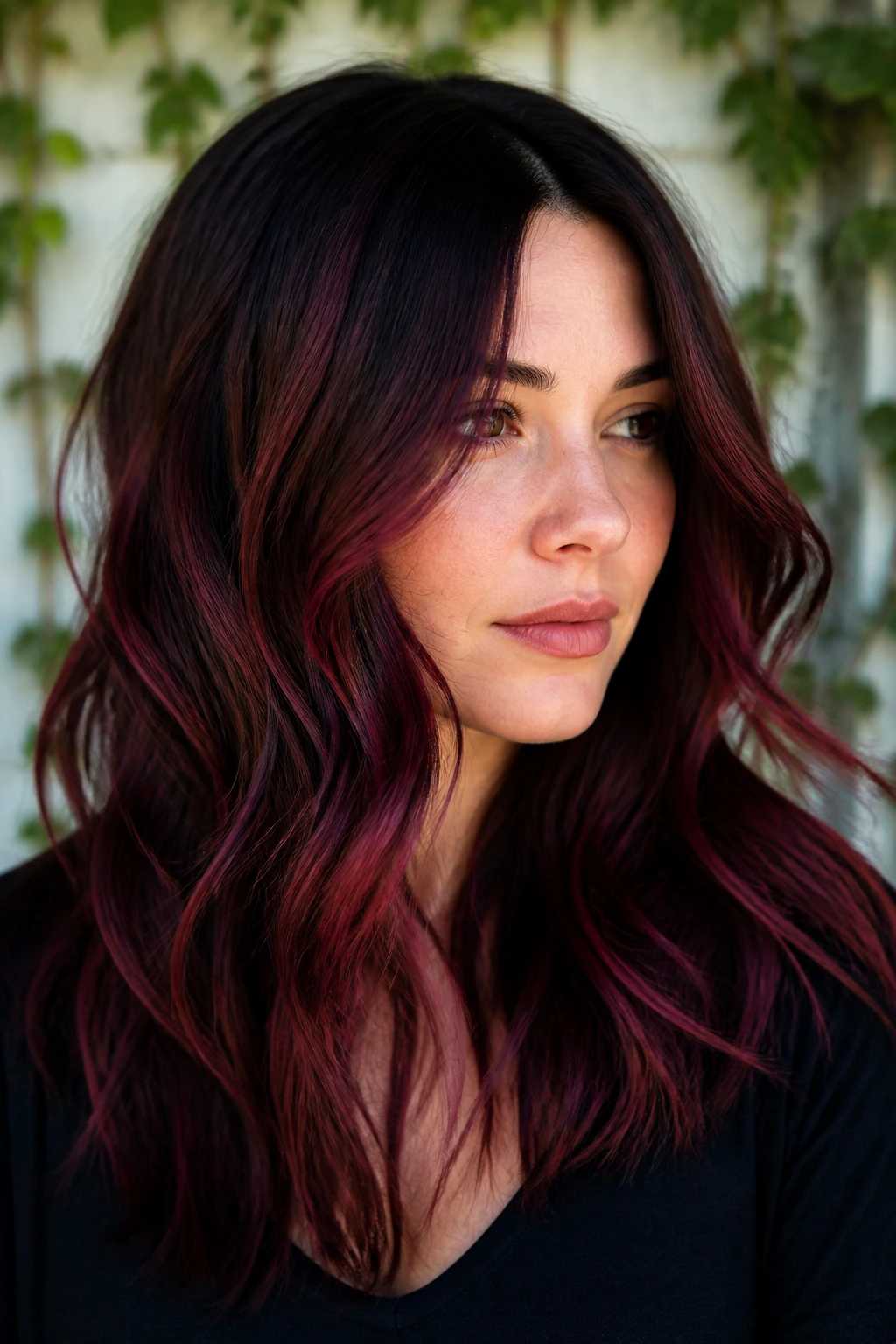 Close-up of a real woman with merlot cherry balayage hair in a softly lit outdoor-inspired setting
