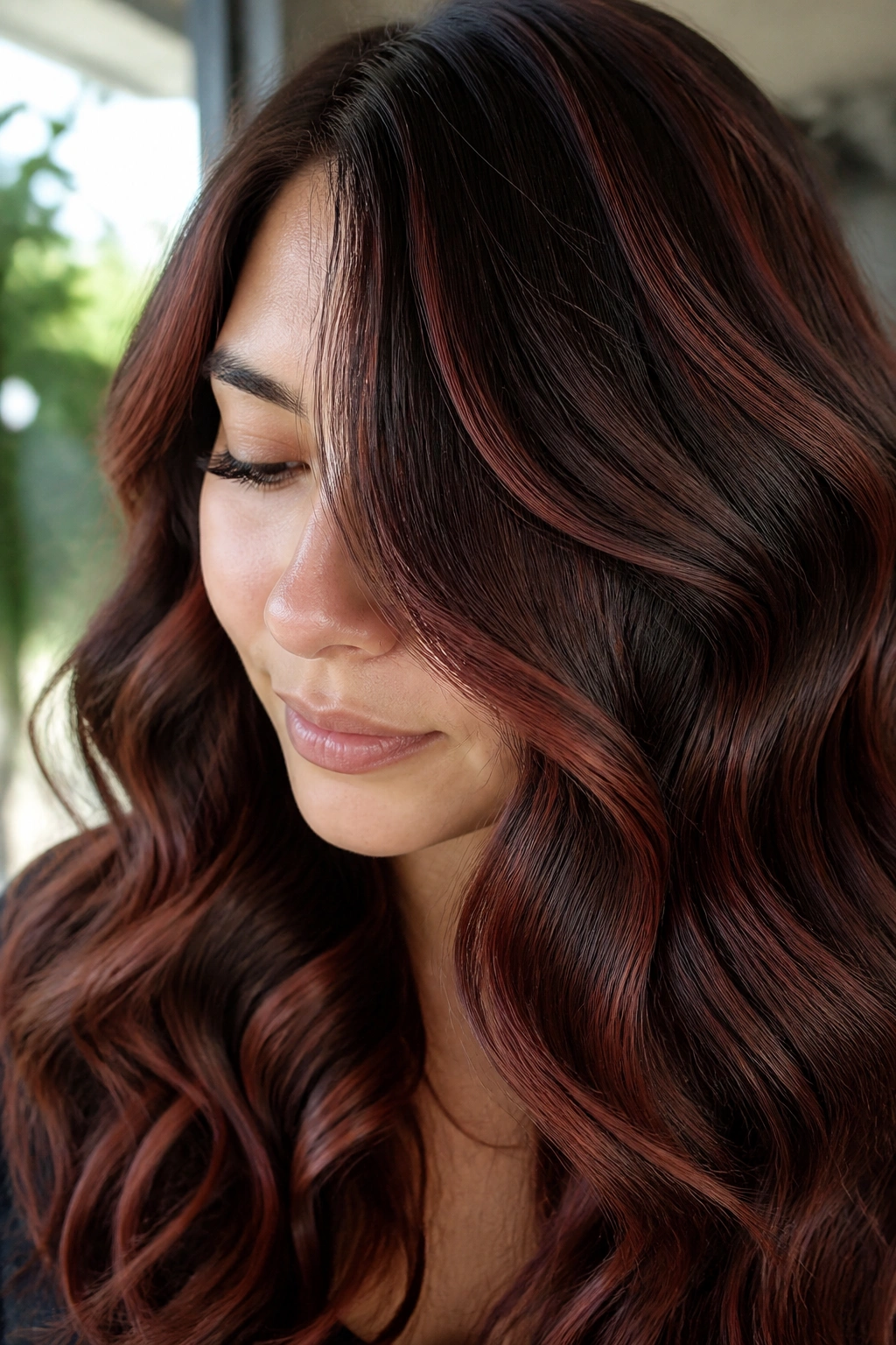 Wavy hair with merlot and chestnut balayage in close-up
