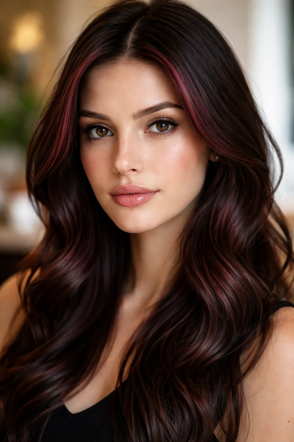 Close-up of a real person with Soft Merlot contour highlights at the hairline on deep brown hair