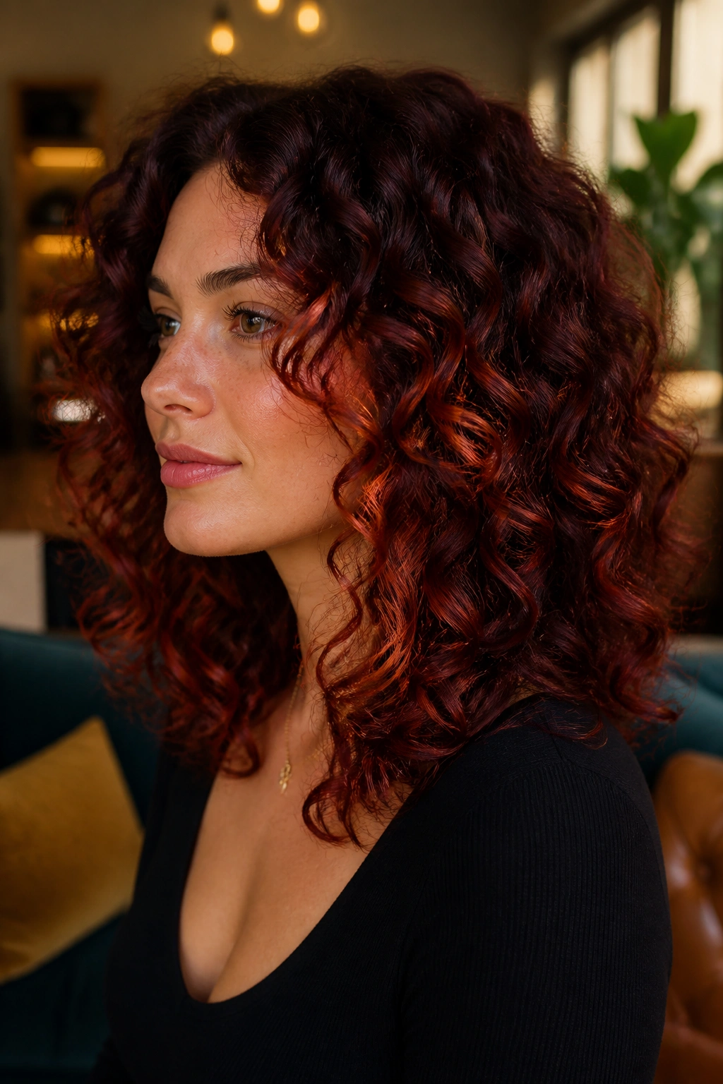 Close-up of a real woman with curly hair in merlot copper blend around the face