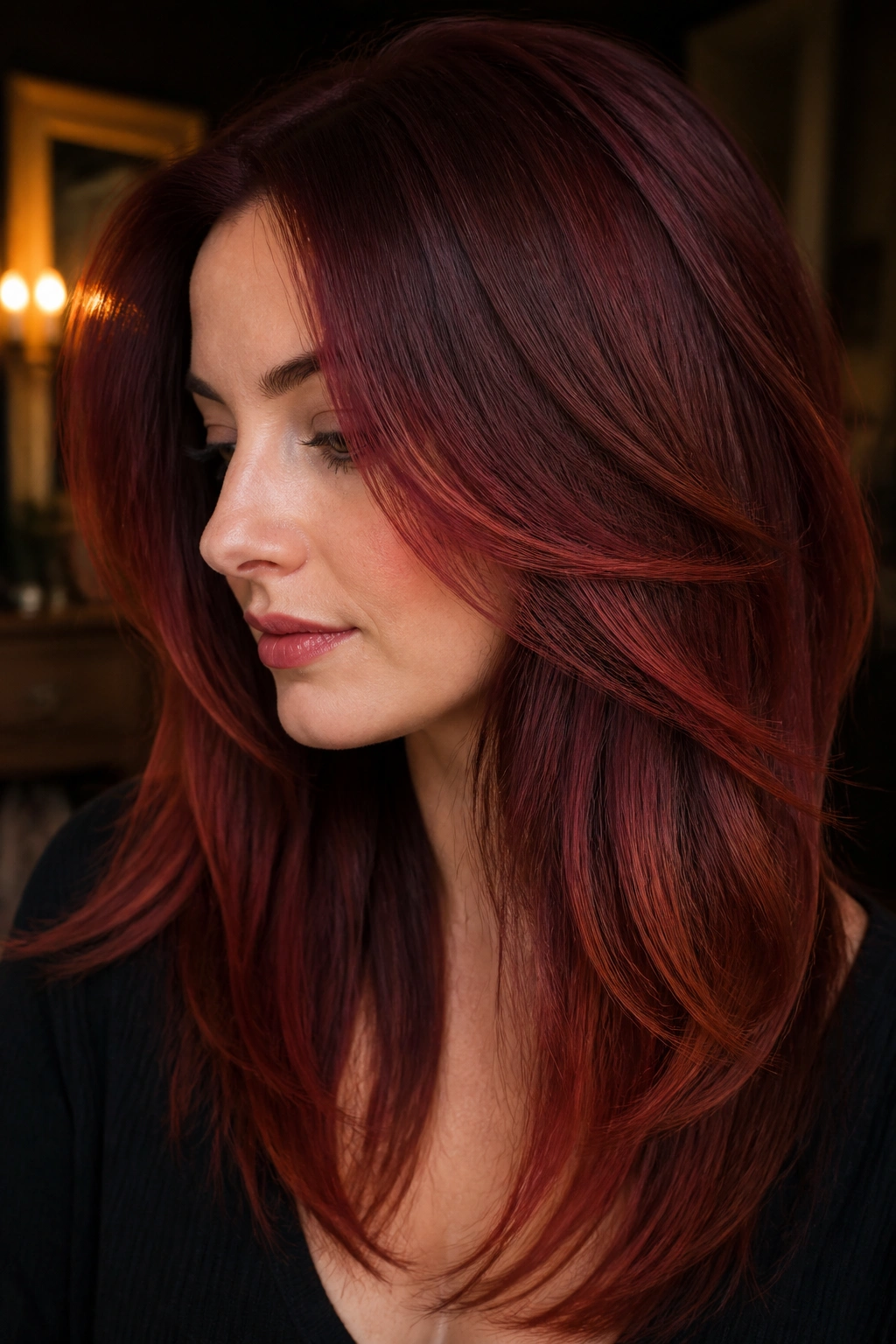 Close-up of merlot copper dimensional layers on a real woman, deep roots and luminous ends