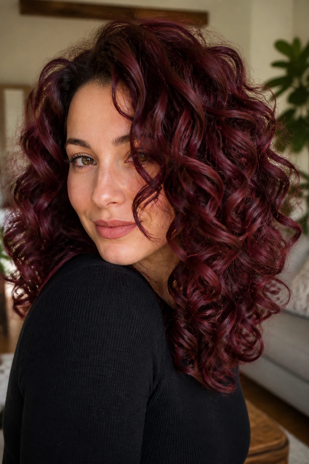 Close-up of merlot burgundy curls with dimension on a real person