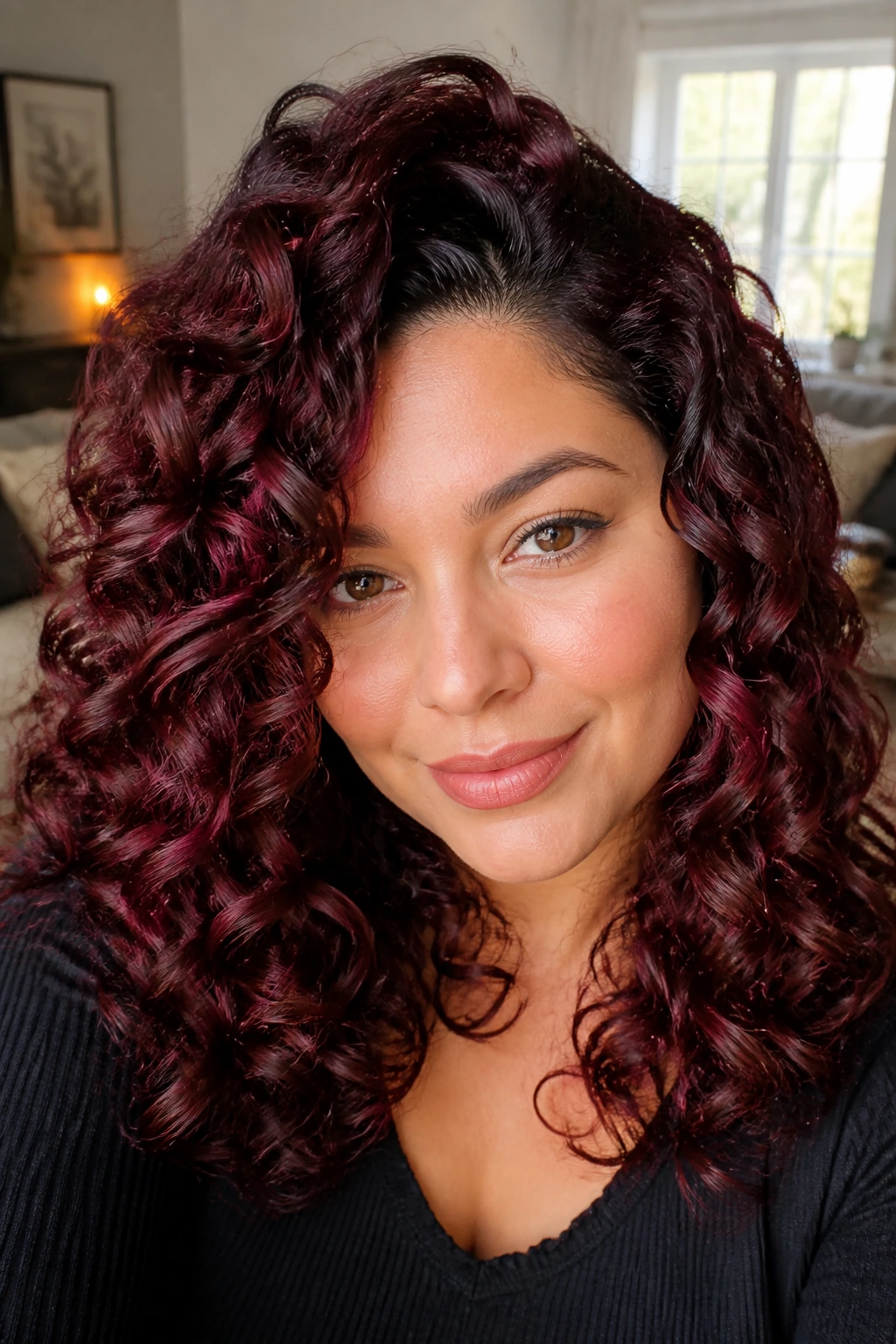 Real woman with merlot curls and a root shadow in a cozy living room.