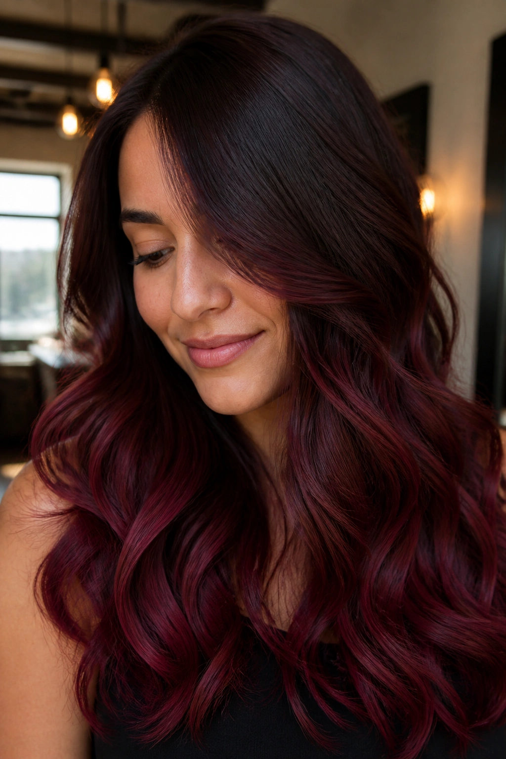 Close-up portrait of brunette with merlot ends at the bottom