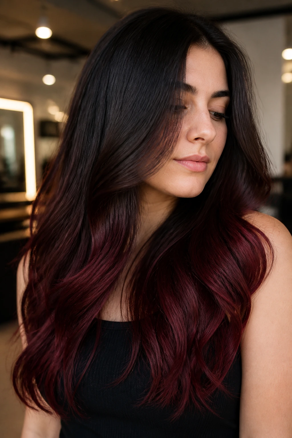 Close-up of a real woman with espresso brown roots fading to merlot ends.
